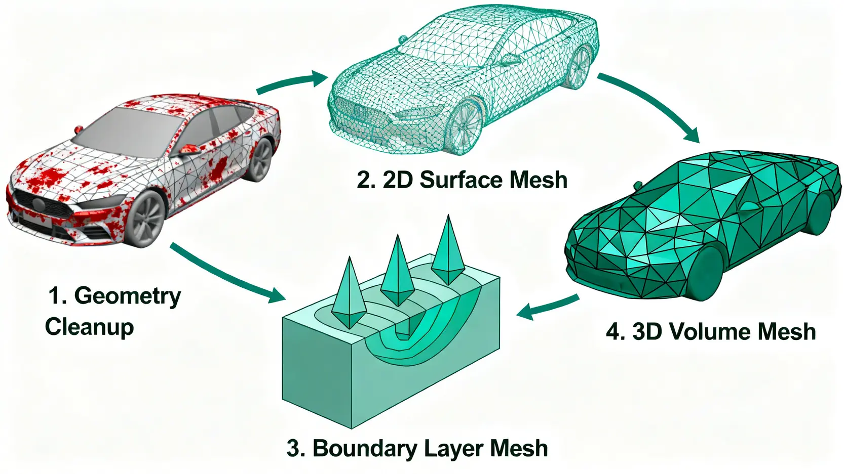 CFD網格生成終極指南:從ICEM CFD到HyperMesh前處理教學 HyperMesh CFD 網格生成流程圖,展示從清理幾何、生成2D面網格、建立邊界層到填充3D體網格的步驟。