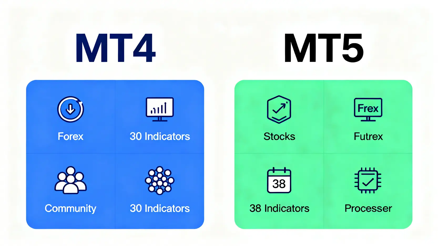 MT4 vs MT5 CFD交易軟體推薦:5大平台比較與新手入門指南 MT4與MT5的對比圖,左邊MT4突顯其在外匯市場和龐大社群的優勢,右邊MT5突顯其支援多元商品、更多指標和更強效能的特點。