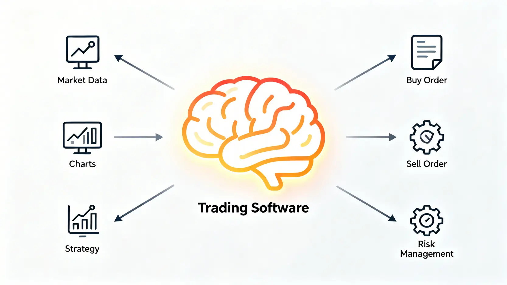 MT4 vs MT5 CFD交易軟體推薦:5大平台比較與新手入門指南 一張概念圖,展示了CFD交易軟體作為整合市場數據、圖表和策略的分析大腦,並執行買賣訂單和風險控管的核心功能。
