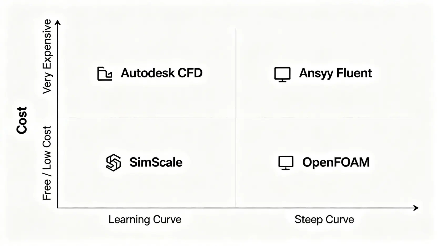 CFD軟體推薦:5款免費與專業級CFD模擬軟體評比【2026最新】 一張比較不同CFD軟體的象限圖,以學習曲線和價格為維度,標示出各軟體的位置。