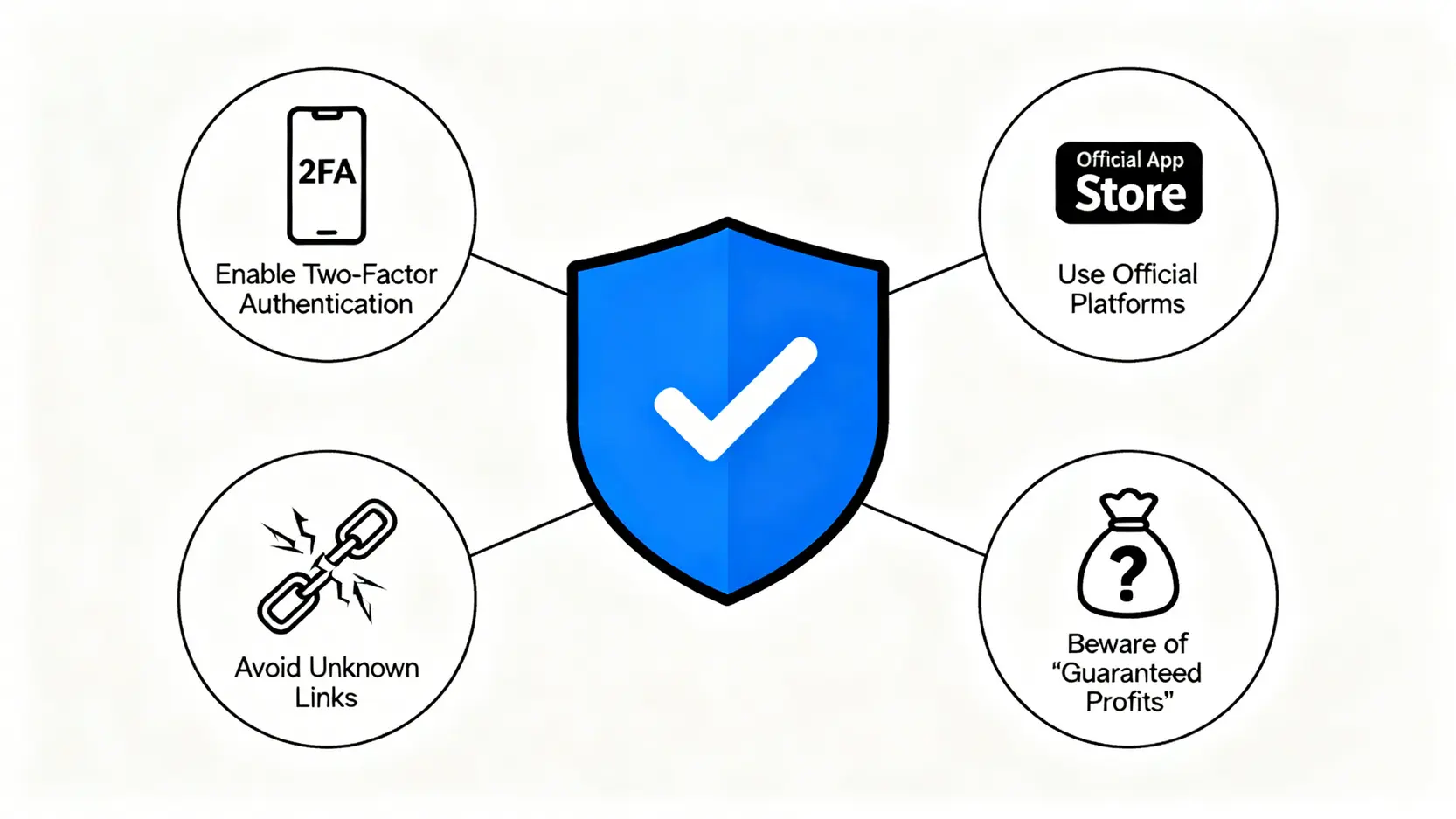 【2026新手必讀】加密貨幣是機會還是陷阱?一篇看懂虛擬貨幣優缺點、投資風險與詐騙預防 一張概念圖,中心是一個帶有勾的盾牌,象徵安全,周圍環繞著四個預防加密貨幣詐騙的關鍵措施圖標:啟用雙重驗證、使用官方平台、不點擊不明連結、警惕保證獲利。