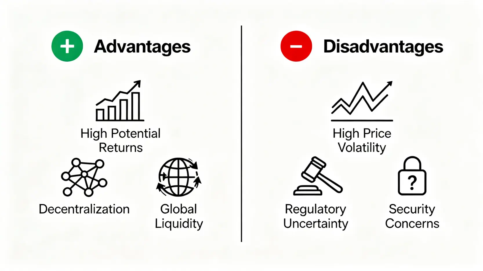 【2026新手必讀】加密貨幣是機會還是陷阱?一篇看懂虛擬貨幣優缺點、投資風險與詐騙預防 一張對比圖,左側列出加密貨幣的三大優點:高潛在回報、去中心化、全球流通性;右側列出三大缺點:高波動性、監管不確定、安全疑慮。