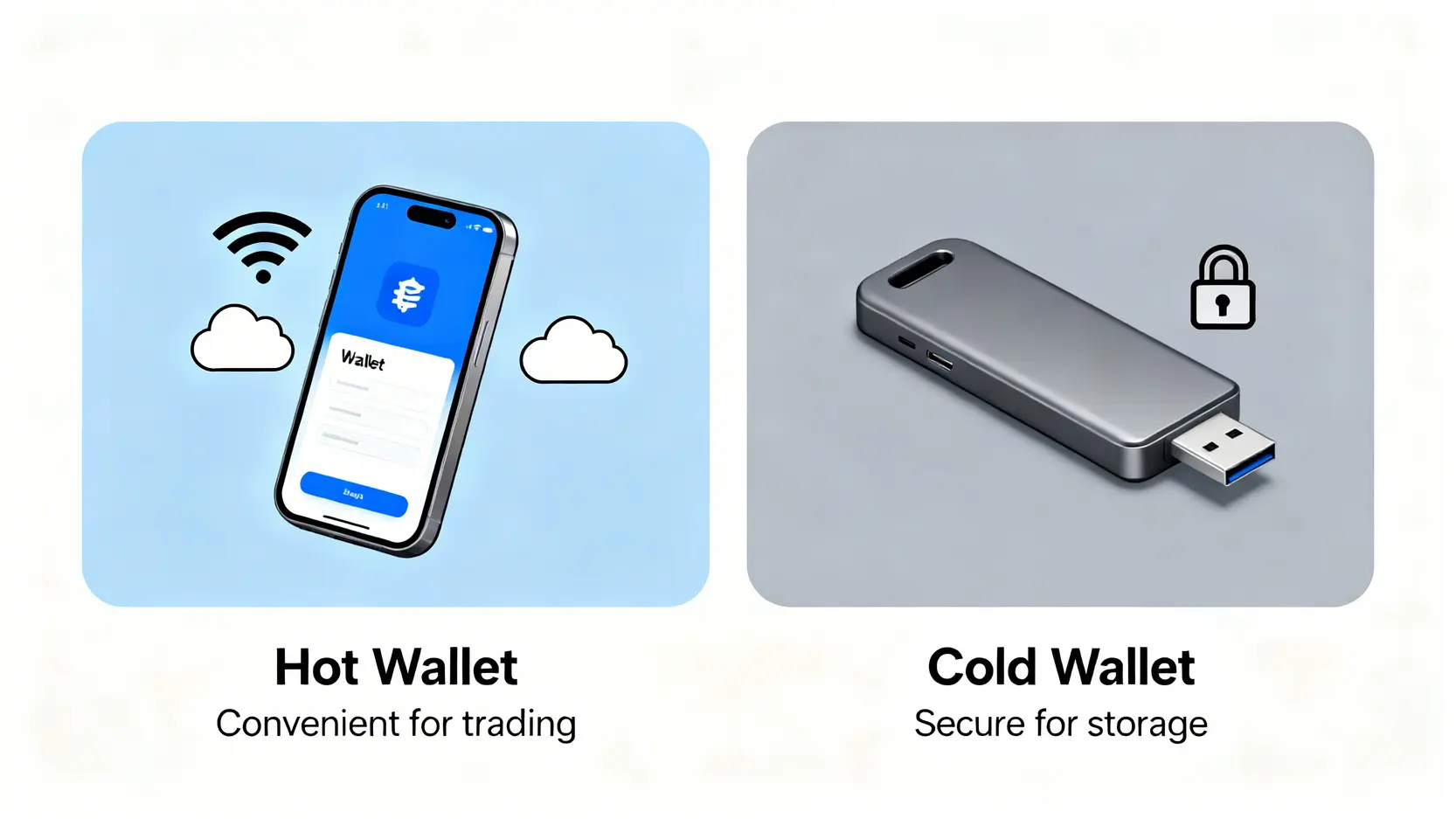 2026加密貨幣投資指南:新手必讀的風險、優缺點與7大注意事項 熱錢包與冷錢包的比較圖,熱錢包顯示為連網的手機,冷錢包顯示為離線的硬體設備。