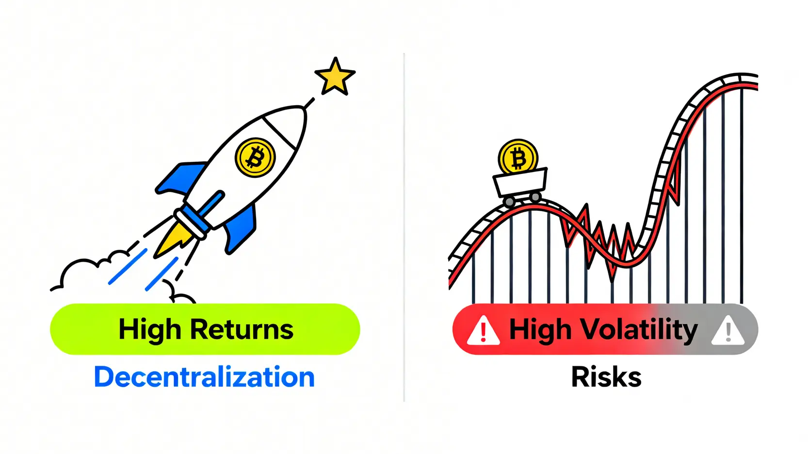 2026加密貨幣投資指南:新手必讀的風險、優缺點與7大注意事項 加密貨幣投資的優點與缺點對比圖,左邊是代表高回報的火箭,右邊是代表高波動的過山車。