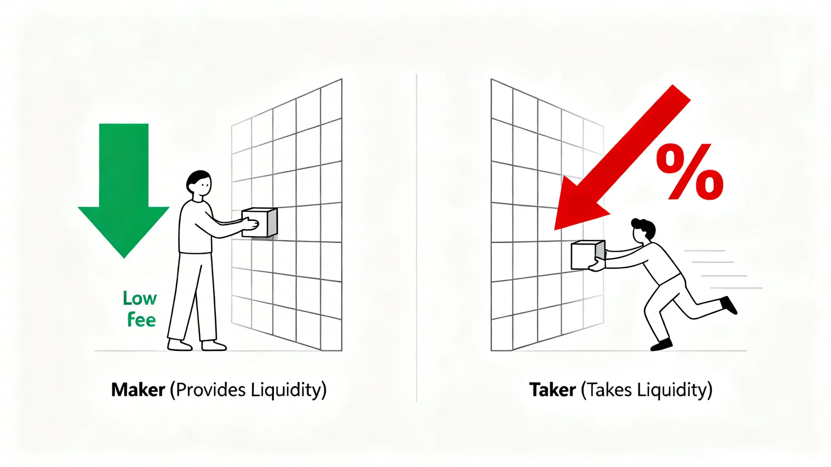 2026台灣加密貨幣交易所推薦:5大平台手續費、安全性與優缺點全比較 加密貨幣交易中掛單者(Maker)與吃單者(Taker)的差別示意圖,掛單者提供流動性手續費較低,吃單者取走流動性手續費較高。