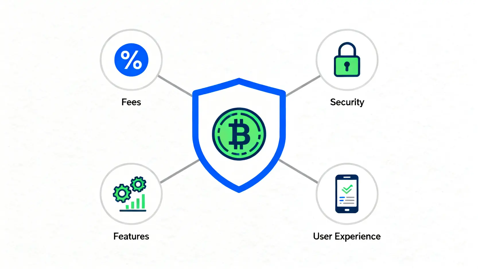 2026台灣加密貨幣交易所推薦:5大平台手續費、安全性與優缺點全比較 挑選加密貨幣交易所的四大核心標準示意圖,包括手續費、安全性、用戶體驗與功能。