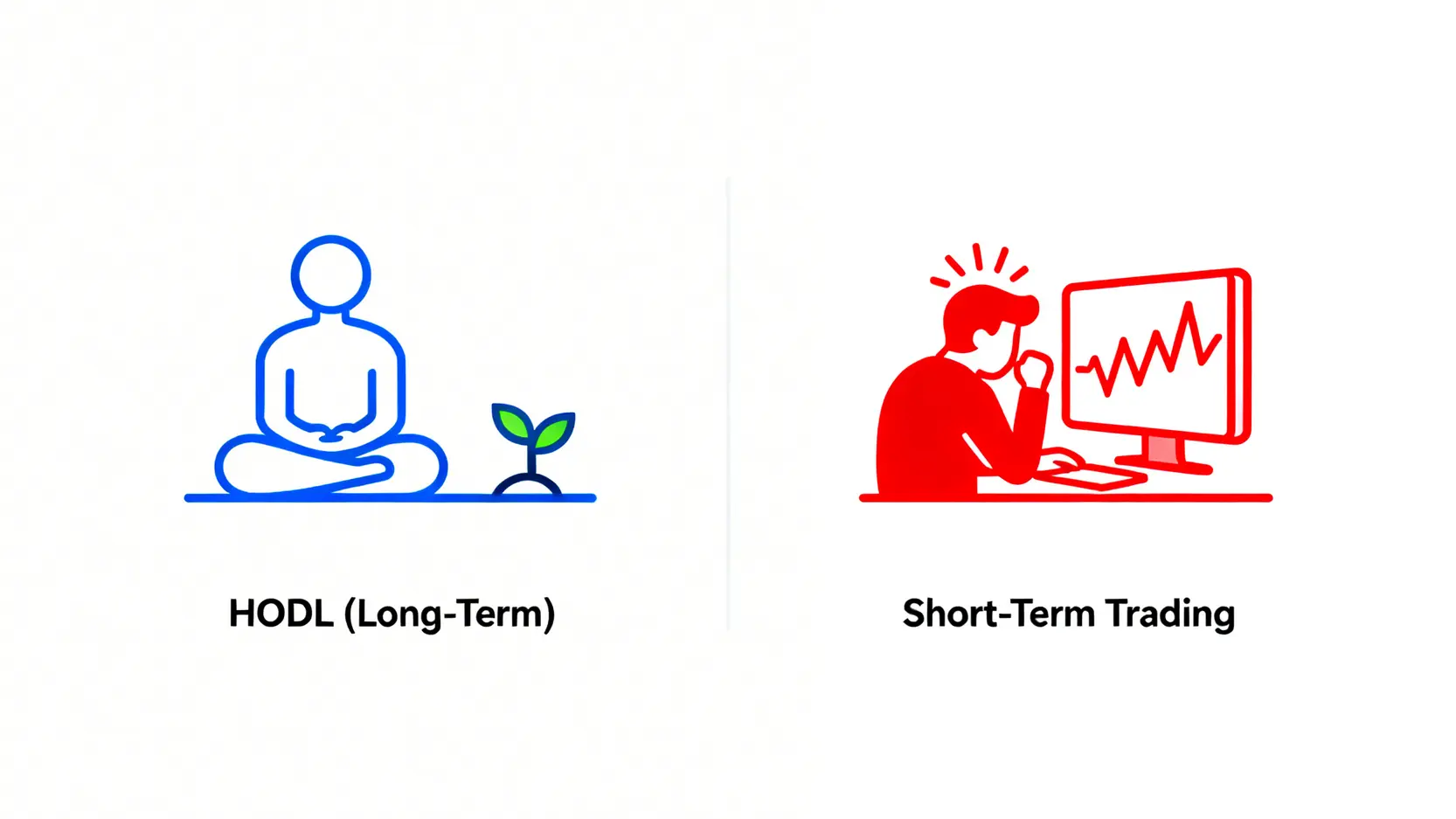 2026加密貨幣投資策略|從入門到精通,5種方法教你如何穩定賺錢 一張對比圖,左邊是代表長期持有的平靜投資者與成長植物,右邊是代表短期交易的緊張交易員與波動圖表。