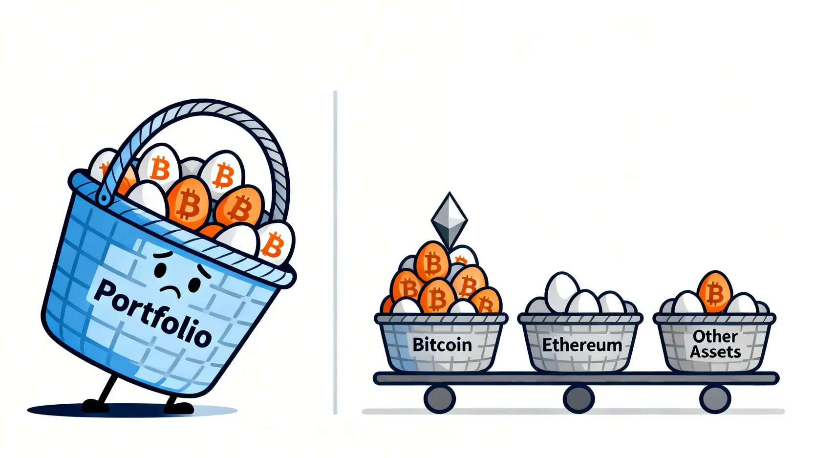 【新手必看】加密貨幣投資策略:從資產配置到定期定額比特幣,打造你的穩健獲利方程式! 一張圖解釋資產配置的重要性,對比將所有雞蛋放在一個籃子裡的風險與分散到多個籃子裡的穩定性。