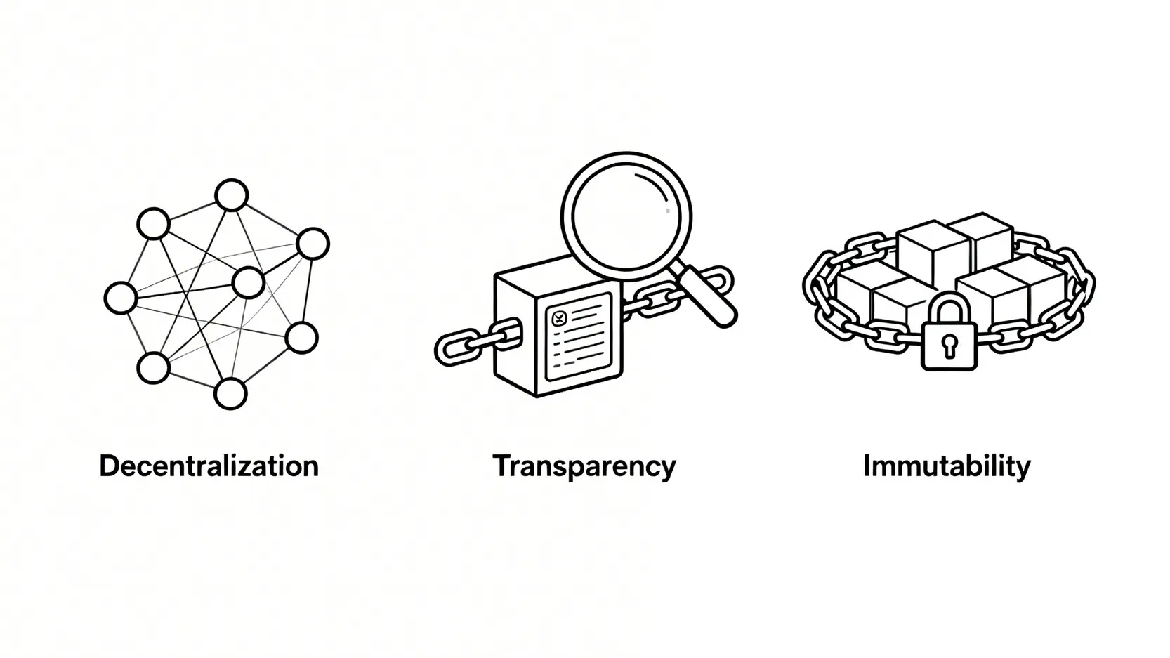 【2026新手指南】加密貨幣是什麼?一篇搞懂區塊鏈、虛擬貨幣種類! 區塊鏈的三大特性圖示:去中心化網絡、公開透明的紀錄以及不可篡改的鎖鏈。