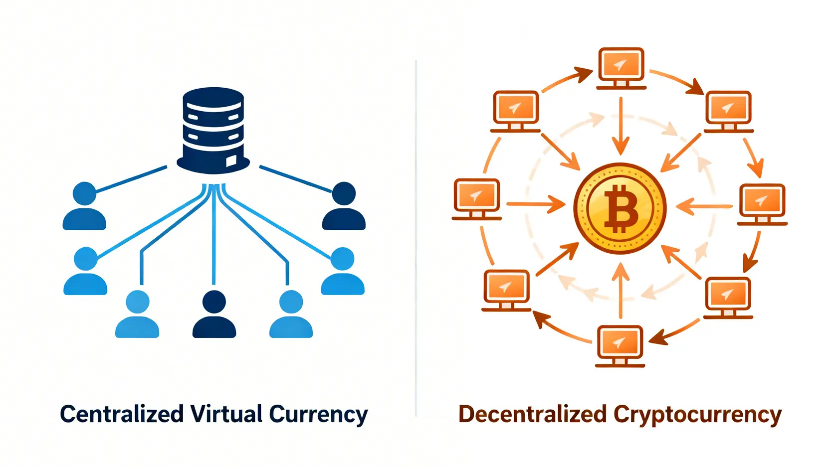 【2026新手指南】加密貨幣是什麼?一篇搞懂區塊鏈、虛擬貨幣種類! 加密貨幣與一般虛擬貨幣的對比圖,顯示了中心化控制與去中心化網絡的區別。