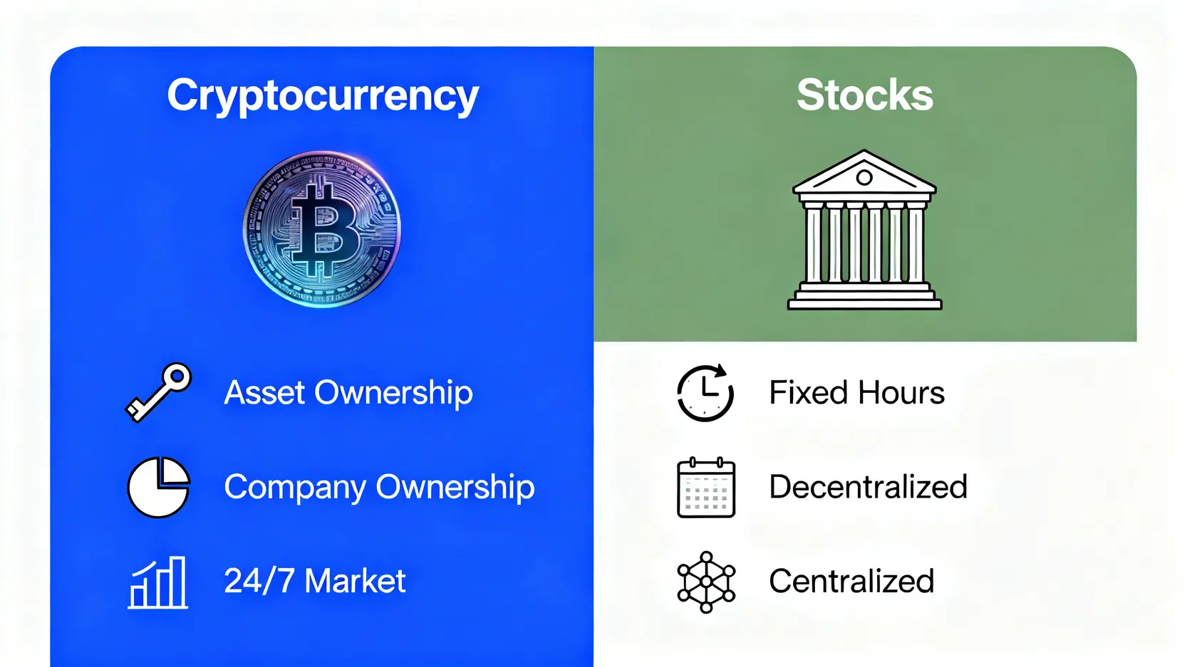 加密貨幣怎麼買?新手投資教學:從台灣交易所註冊到第一筆交易 加密貨幣與股票的比較圖,顯示兩者在所有權、交易時間和中心化程度上的區別。