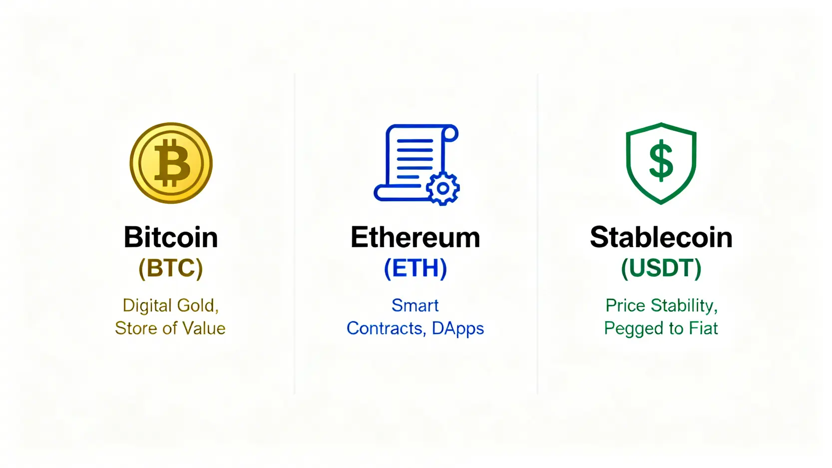 虛擬貨幣入門全攻略:加密貨幣是什麼?一篇搞懂常見種類與投資方式 三種主要加密貨幣類型比較圖:比特幣作為數位黃金,以太幣用於智能合約,穩定幣提供價格穩定性。