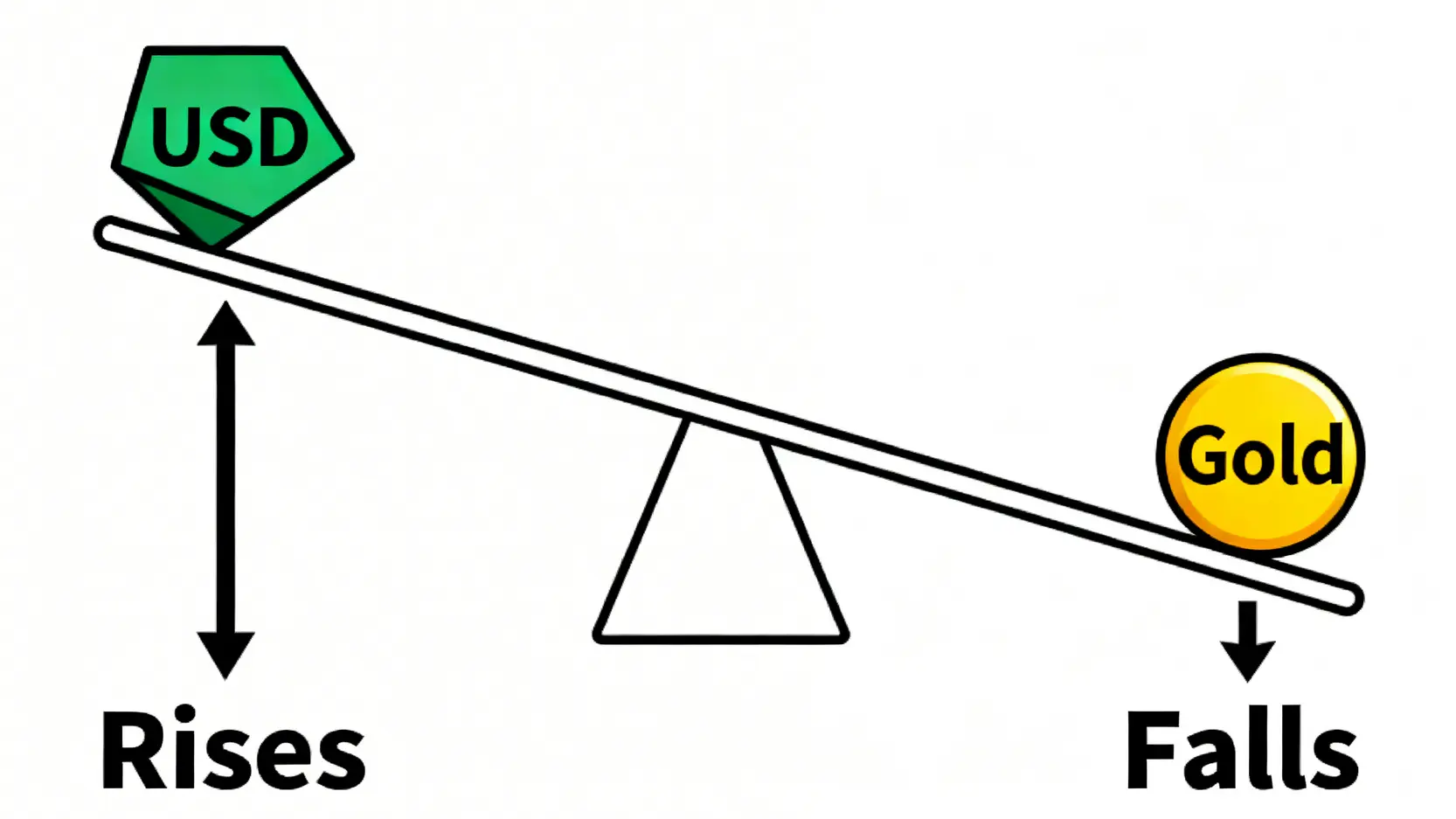 【金價查詢】今日一錢黃金多少錢?即時走勢、回收價格與換算懶人包 一張蹺蹺板示意圖,說明美元匯率與黃金價格的負相關關係:當美元走強時,金價傾向下跌。