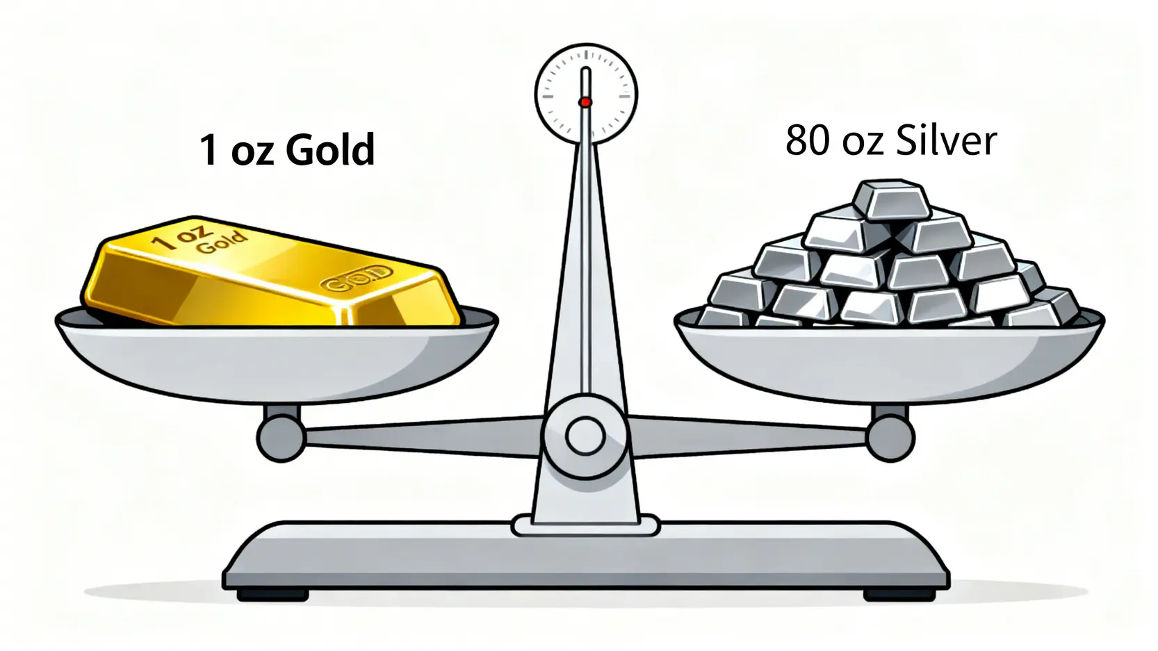 一個天秤，左邊放著一塊黃金，右邊放著80塊白銀，說明金銀比為80的概念。