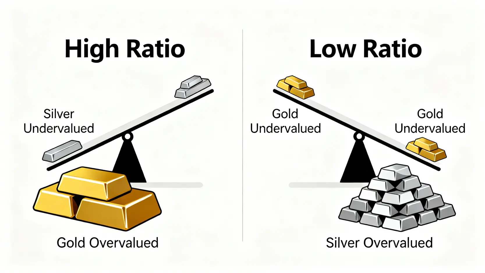 一張對比圖，展示高金銀比時黃金相對昂貴而白銀便宜，以及低金銀比時白銀相對昂貴而黃金便宜的情況。