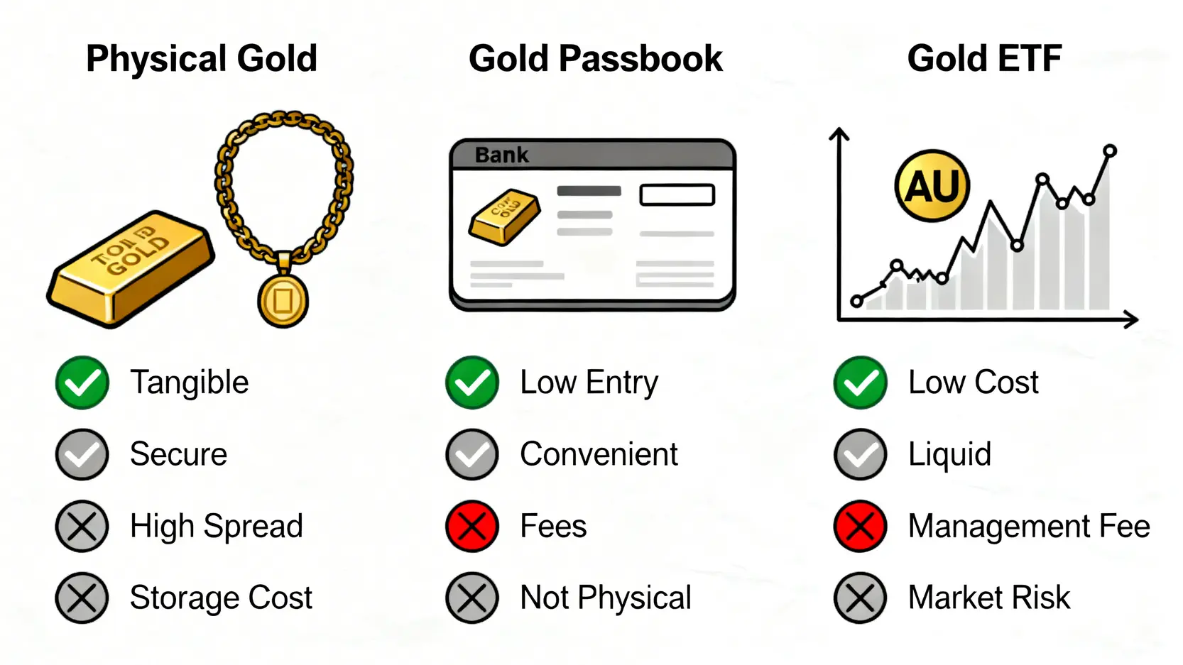 【2026實體黃金買賣教學】銀樓買黃金必看5大注意事項,秒懂「扣重」才不虧! 三種黃金投資工具比較圖:實體黃金、黃金存摺與黃金ETF的優缺點分析。