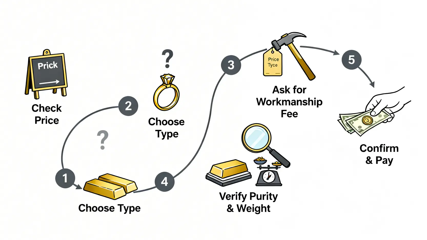 【2026實體黃金買賣教學】銀樓買黃金必看5大注意事項,秒懂「扣重」才不虧! 銀樓購買黃金的五個步驟流程圖,包含查看牌價、選擇金飾金條、詢問工錢、檢查與付款。