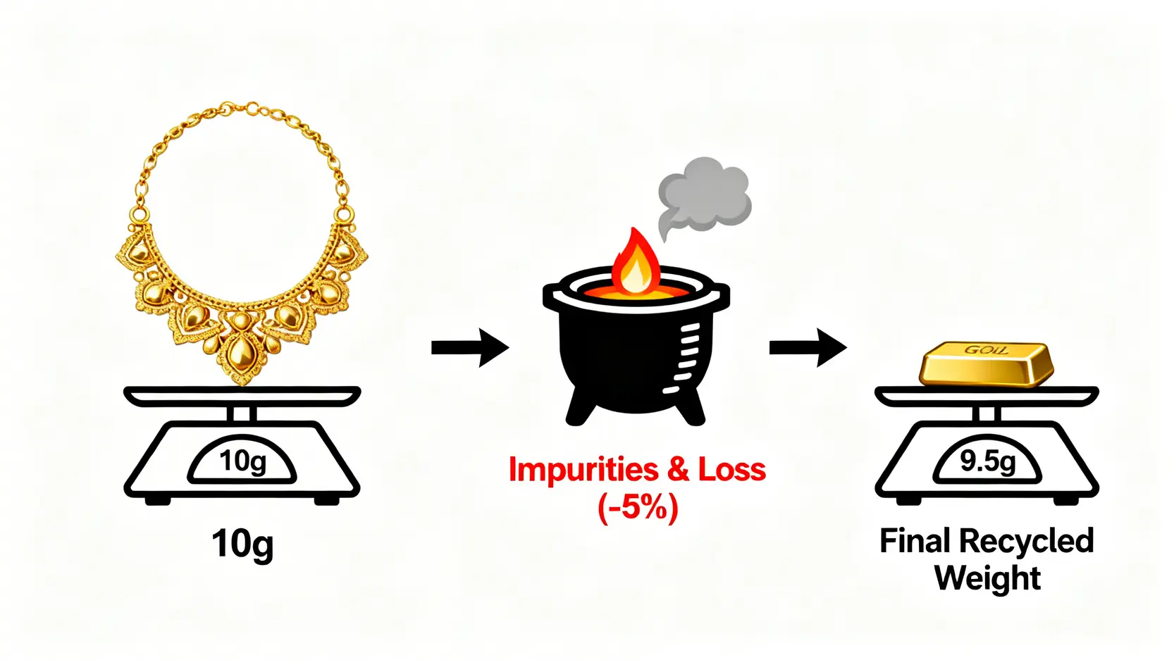 【2026實體黃金買賣教學】銀樓買黃金必看5大注意事項,秒懂「扣重」才不虧! 黃金回收扣重示意圖,展示金飾因熔煉損耗而導致回收重量減少的過程。