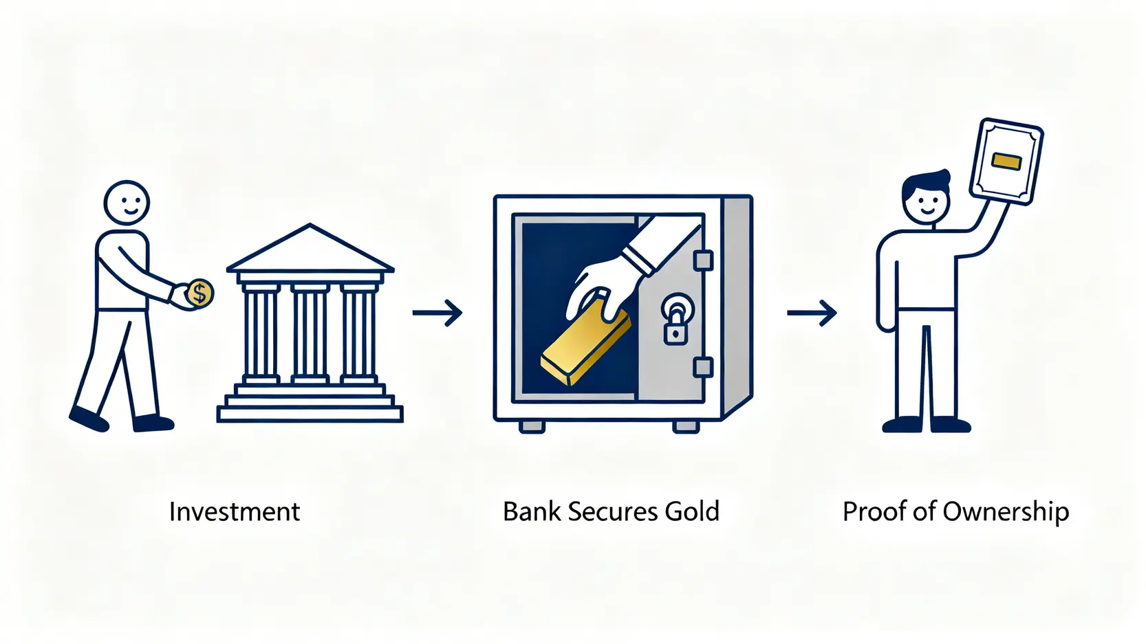 黃金存摺運作原理示意圖，顯示投資人將錢交給銀行，銀行保管黃金，投資人獲得所有權憑證。