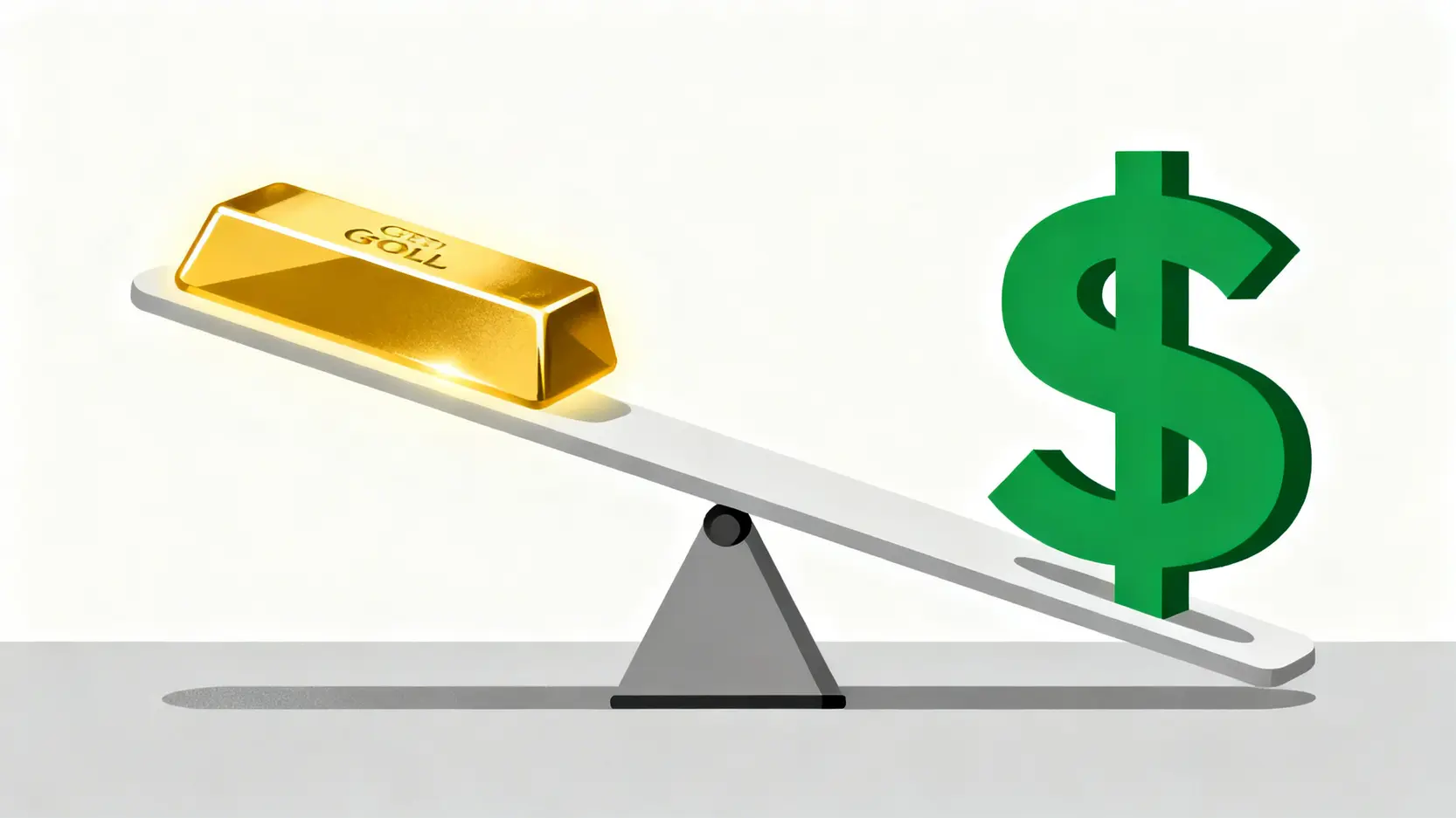 2026黃金價格預測:專家分析未來走勢,長期投資黃金全攻略 一張示意圖,顯示一個蹺蹺板,一端是上升的金條,另一端是下降的美元符號,象徵美元與黃金價格的反向關係。