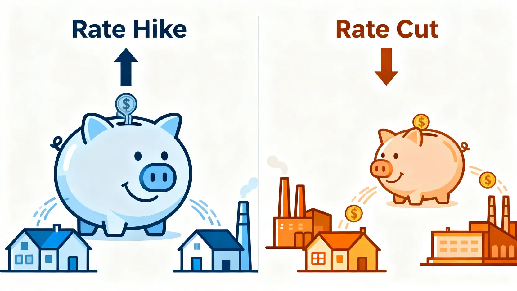 升息降息是什麼?一篇看懂對股市、房貸、通膨的5大影響! 升息與降息的影響對比圖,左邊是升息導致資金流向銀行,右邊是降息導致資金流出銀行。