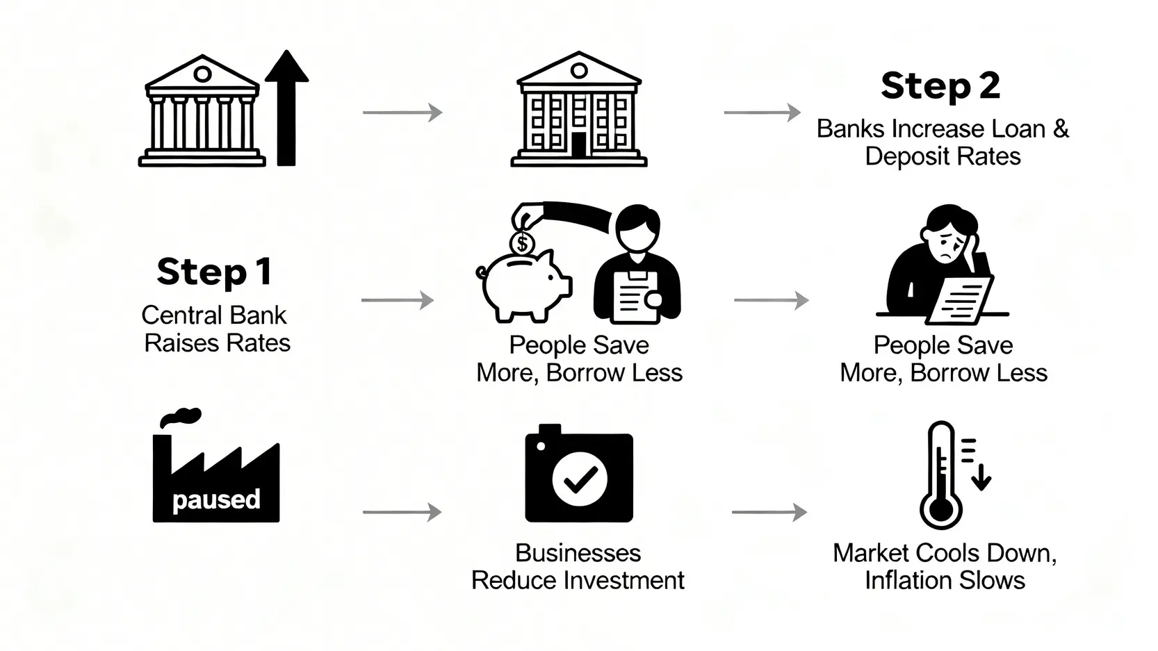 升息降息是什麼?一篇看懂對股市、房貸、通膨的5大影響! 升息對抗通膨的流程圖,展示從央行升息開始,經過銀行、民眾和企業,最終到市場降溫的五個步驟。
