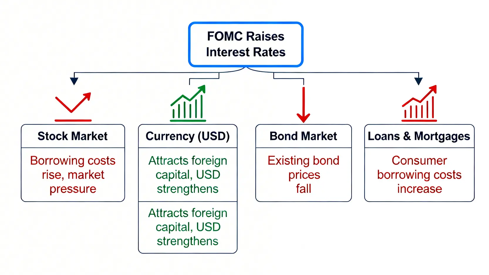 Fed會議時間2026總整理:一文看懂FOMC會議日程、利率決議與市場影響 一張升息影響流程圖,說明聯準會升息如何導致股市承壓、美元走強、債券價格下跌以及房貸利率上升。