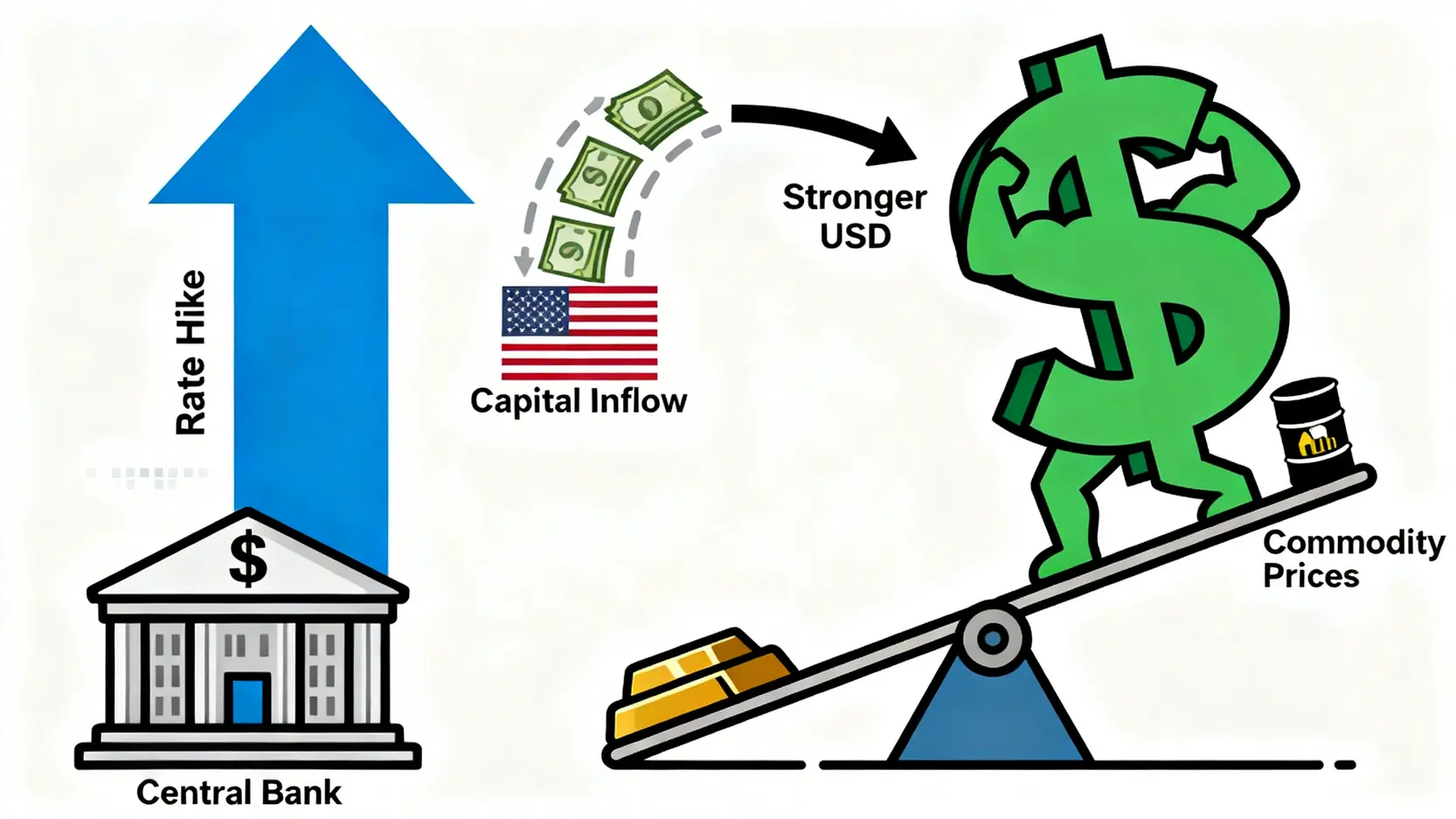 利率大風吹!降息對黃金、油價影響是漲是跌?一篇掌握升息週期的原物料投資策略 升息影響商品價格的流程圖,顯示升息導致美元走強,進而對以美元計價的原物料價格構成壓力。