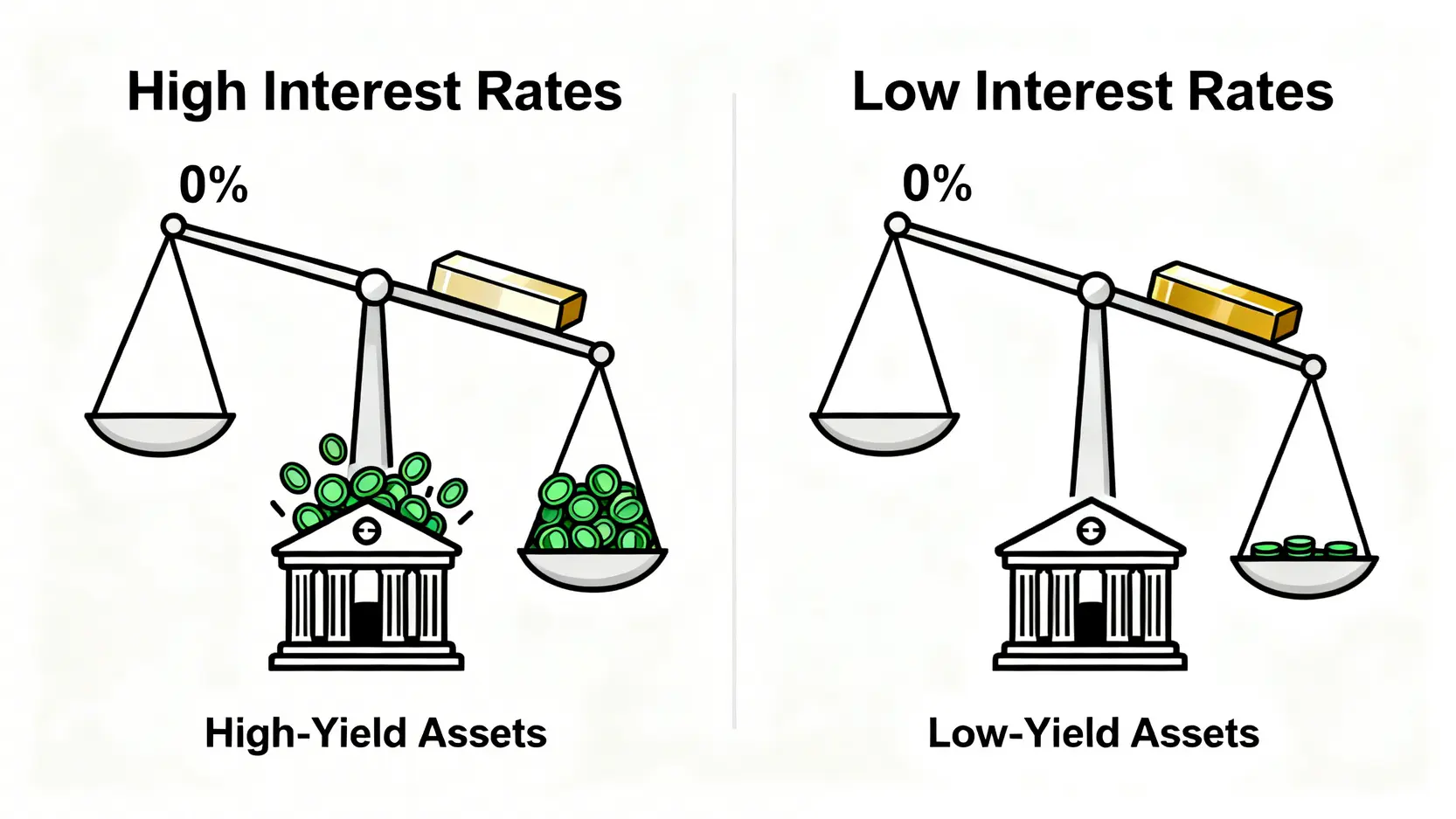 利率大風吹!降息對黃金、油價影響是漲是跌?一篇掌握升息週期的原物料投資策略 高低利率環境下持有黃金的機會成本對比圖,顯示高利率時黃金吸引力下降,低利率時吸引力上升。
