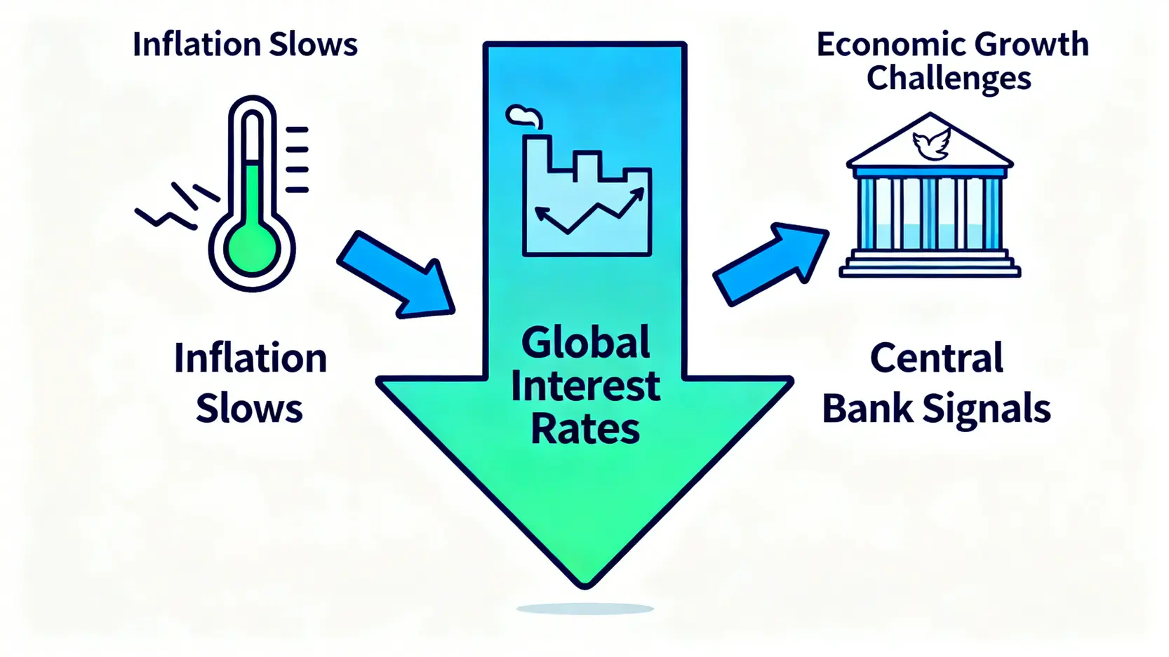 全球降息趨勢全解析:看懂歐洲央行、日本利率政策與投資影響 全球降息潮三大核心驅動力示意圖,包含通膨放緩、經濟增長挑戰與主要央行釋放鴿派訊號。