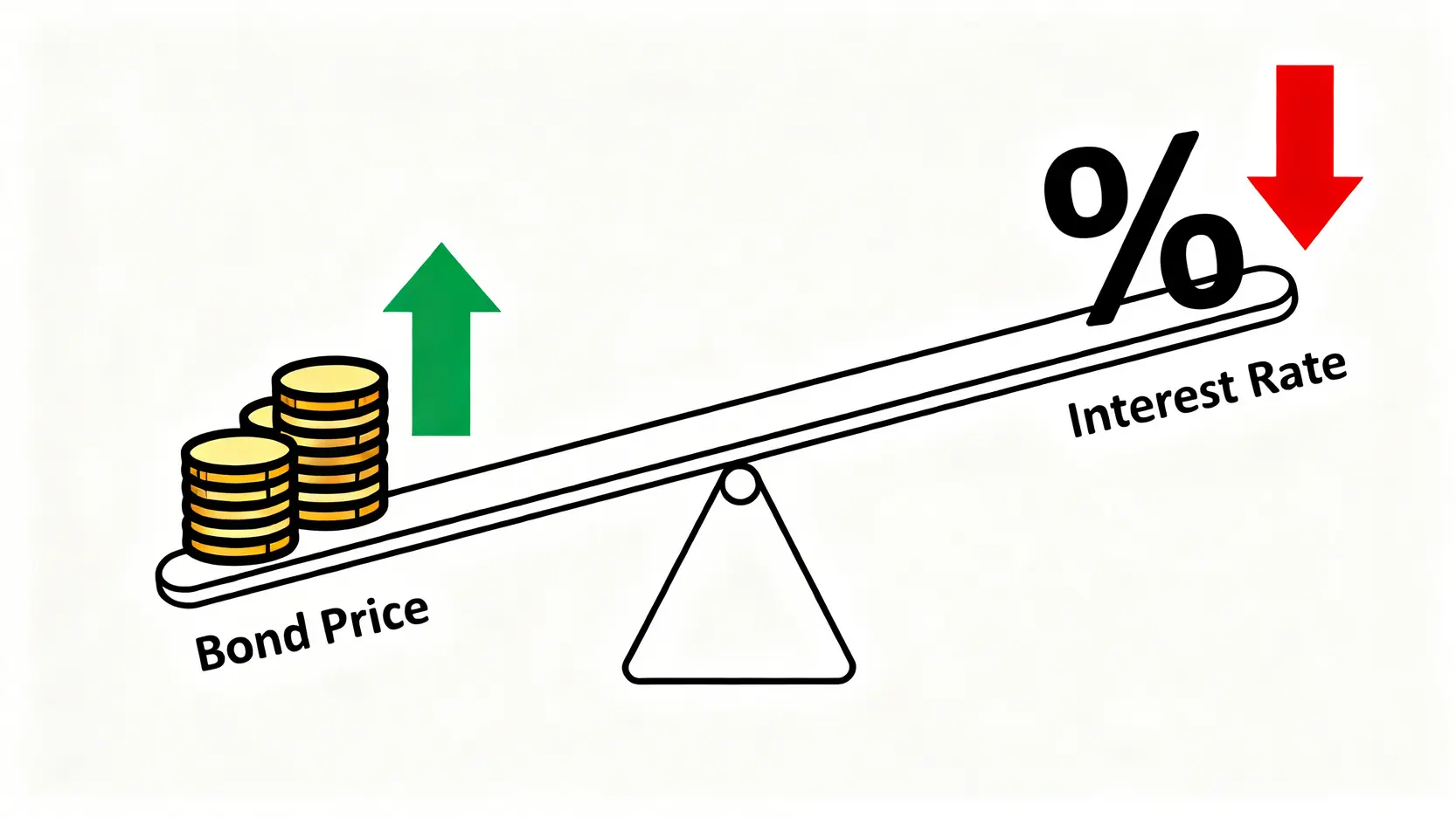 全球降息趨勢全解析:看懂歐洲央行、日本利率政策與投資影響 利率與債券價格的反向關係示意圖,以降息時債券價格上漲的蹺蹺板來表示。