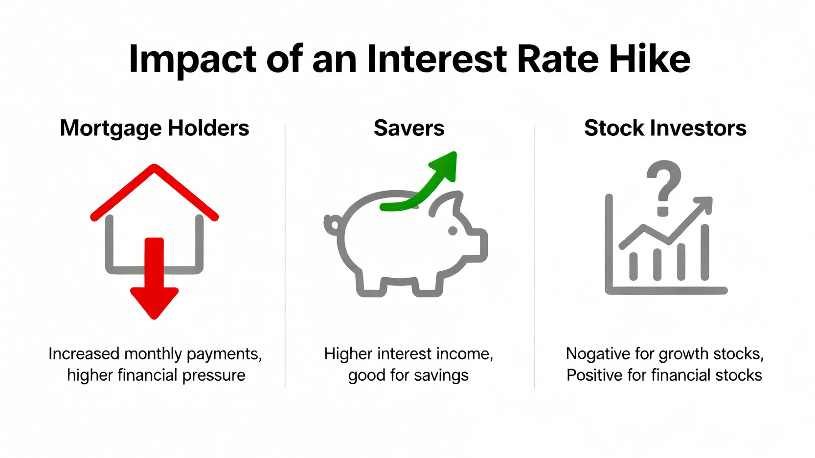台灣央行升息懶人包:利率決議、升息紀錄與未來降息預測全解析 一張圖比較升息對房貸族、存款族與股市投資人的影響。