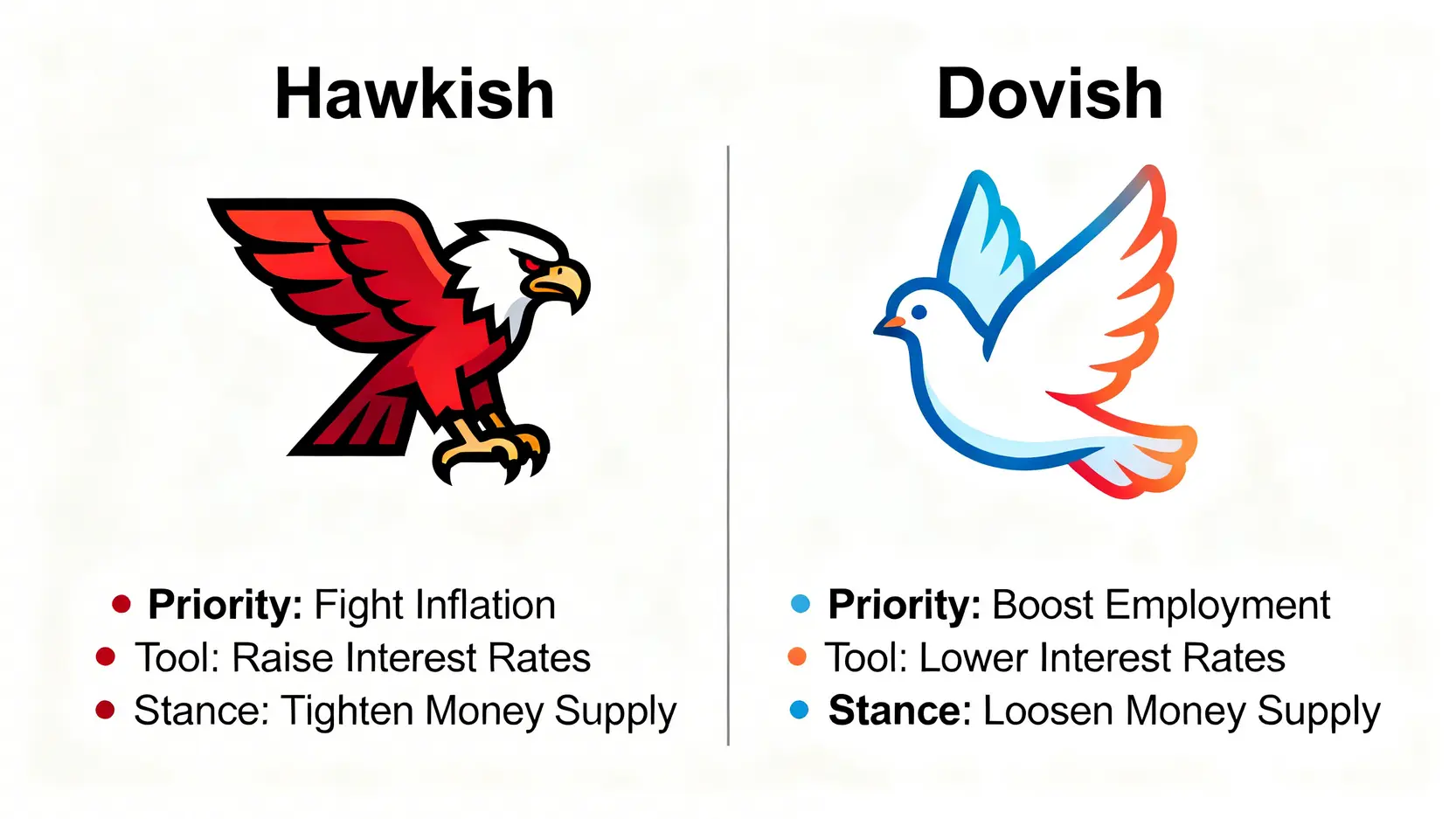 Fed是什麼?2026聯準會升降息懶人包:一次看懂組織架構、主席鮑爾如何影響你的投資 鷹派與鴿派對比圖,左邊是代表緊縮政策的老鷹,右邊是代表寬鬆政策的鴿子,分別說明其政策傾向。