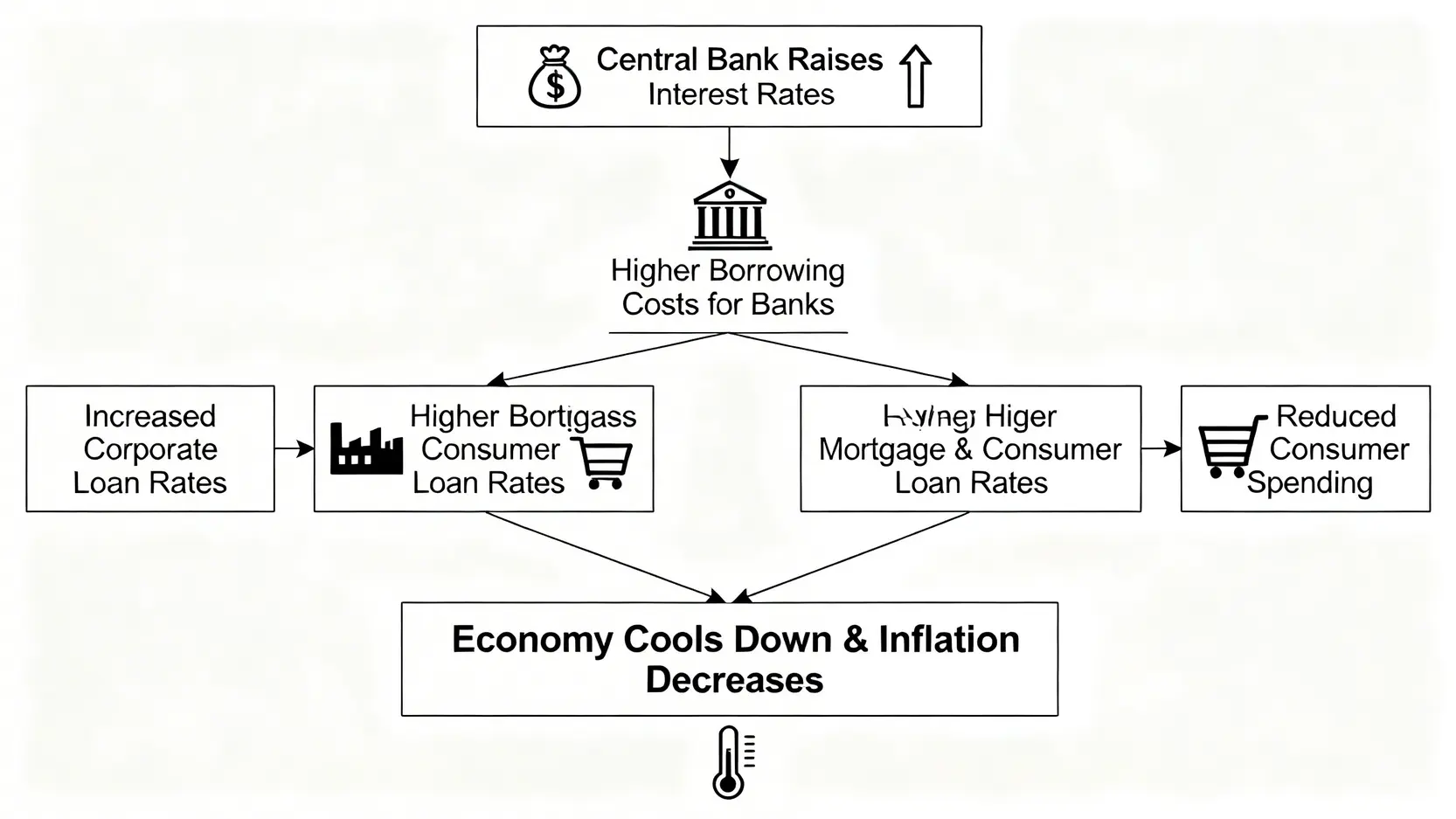 Fed是什麼?2026聯準會升降息懶人包:一次看懂組織架構、主席鮑爾如何影響你的投資 升息影響經濟流程圖,從聯準會升息開始,到借貸成本增加,最終導致消費和投資減少,經濟降溫。