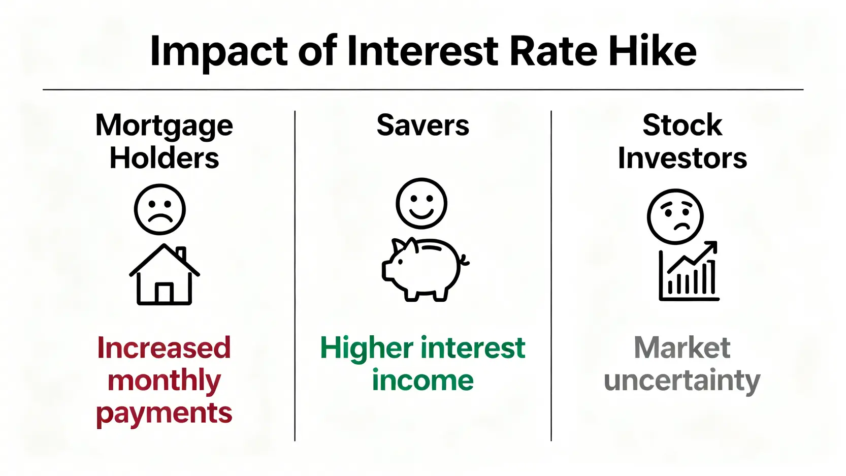 升息一碼影響懶人包|利率一碼是多少?房貸、定存、股市衝擊全解析 一張對比圖,展示升息對房貸族、定存族與股市投資人三者的影響。