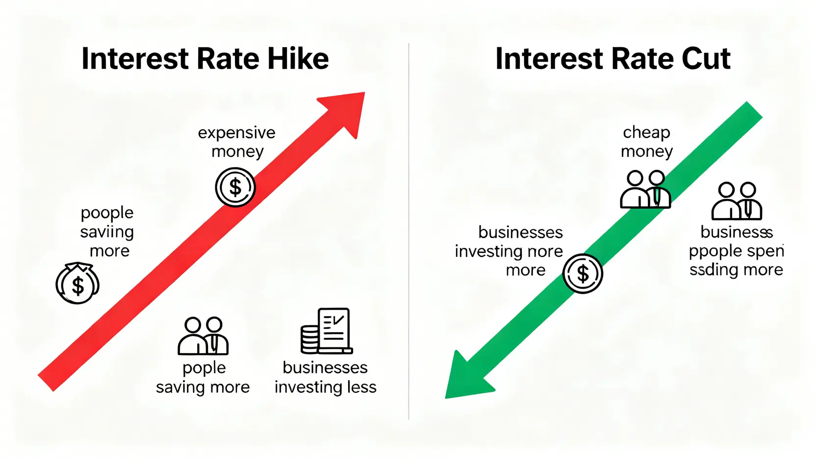 升息股票會跌嗎?降息股市影響深度解析|一次看懂利率政策如何牽動你的投資組合 升息與降息對經濟影響的對比圖,左邊是升息抑制經濟,右邊是降息刺激經濟。