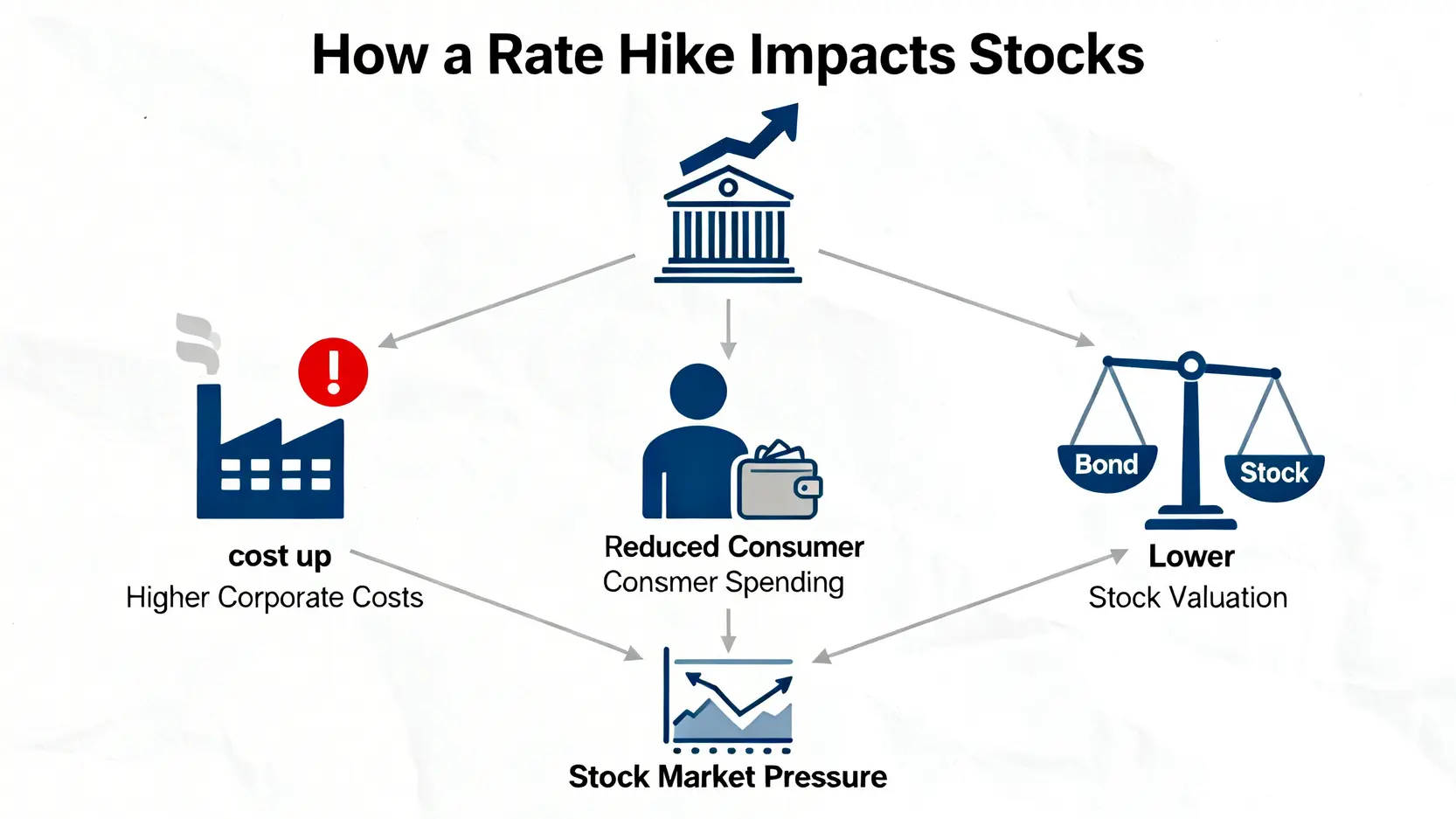 升息股票會跌嗎?降息股市影響深度解析|一次看懂利率政策如何牽動你的投資組合 升息對股市造成衝擊的三個主要路徑流程圖,包括企業成本增加、消費者支出減少和股票估值下修。
