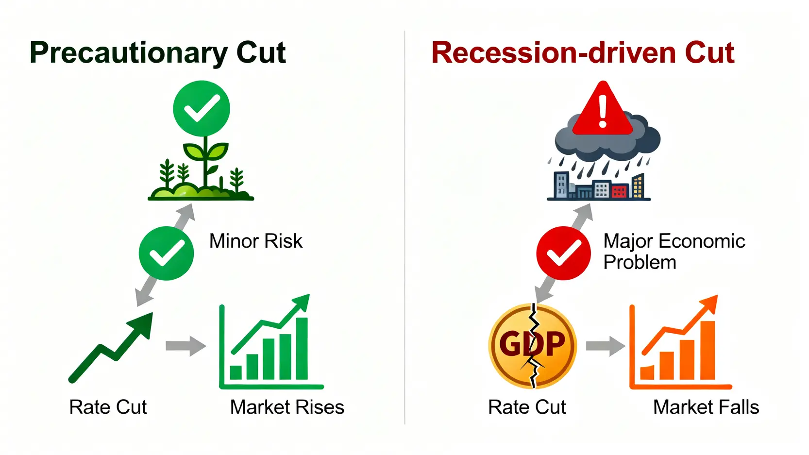 升息股票會跌嗎?降息股市影響深度解析|一次看懂利率政策如何牽動你的投資組合 預防性降息與經濟衰退式降息的對比圖,解釋了為何降息後股市反應不同。