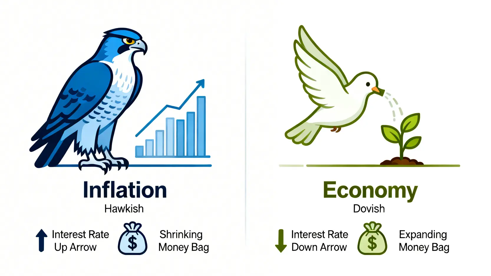 鷹式降息與鴿派升息是什麼?一次看懂4大央行訊號與投資策略 鷹派與鴿派貨幣政策對比圖,左邊老鷹代表鷹派主張升息抑制通膨,右邊鴿子代表鴿派主張降息刺激經濟。