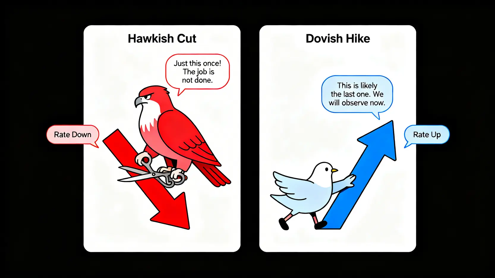 鷹式降息與鴿派升息是什麼?一次看懂4大央行訊號與投資策略 鷹式降息與鴿派升息概念示意圖,解釋了央行升降息背後隱含的未來政策態度。