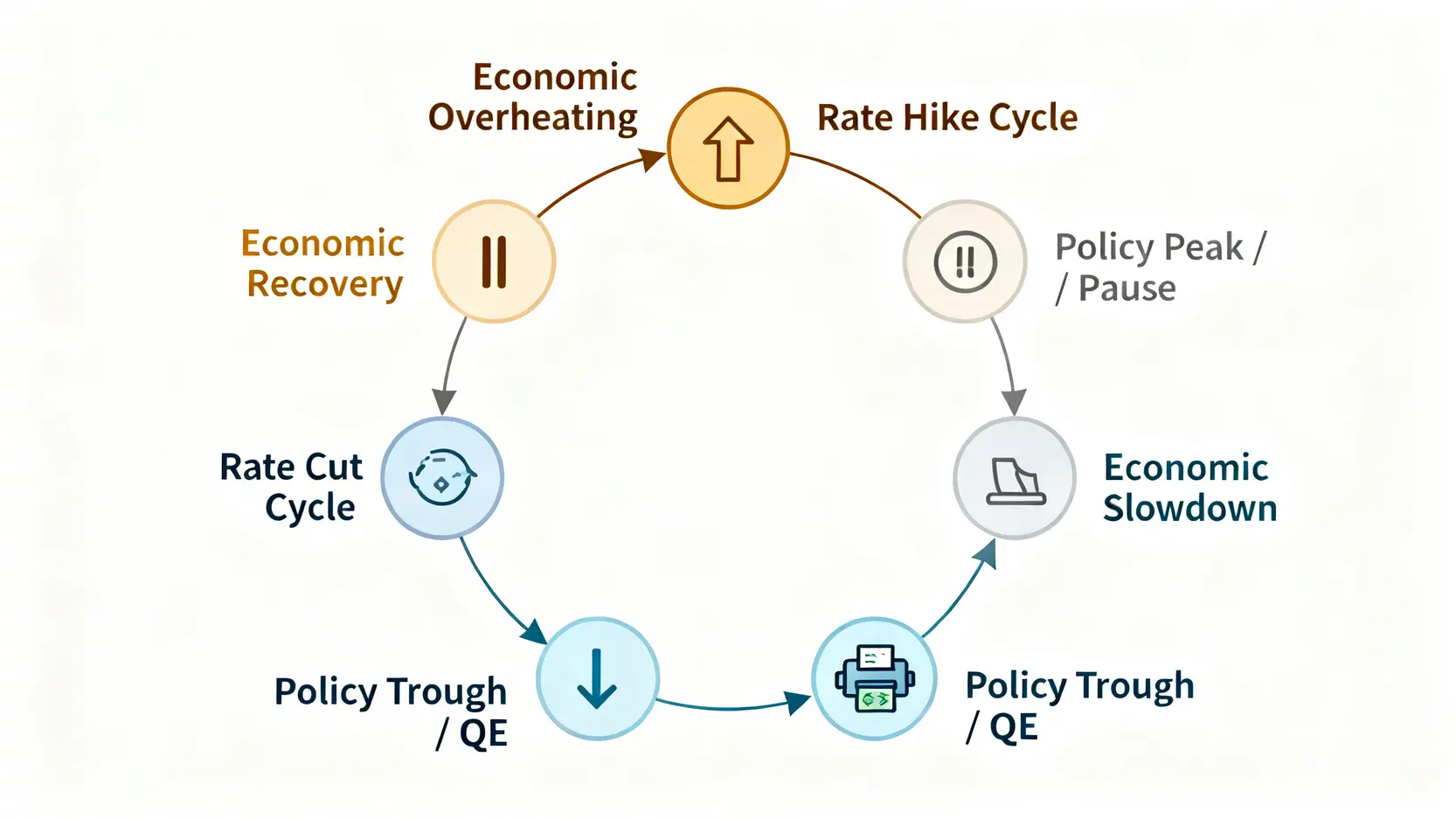 鷹式降息與鴿派升息是什麼?一次看懂4大央行訊號與投資策略 貨幣政策週期流程圖,展示從升息循環應對經濟過熱,到降息循環刺激經濟復甦的完整過程。