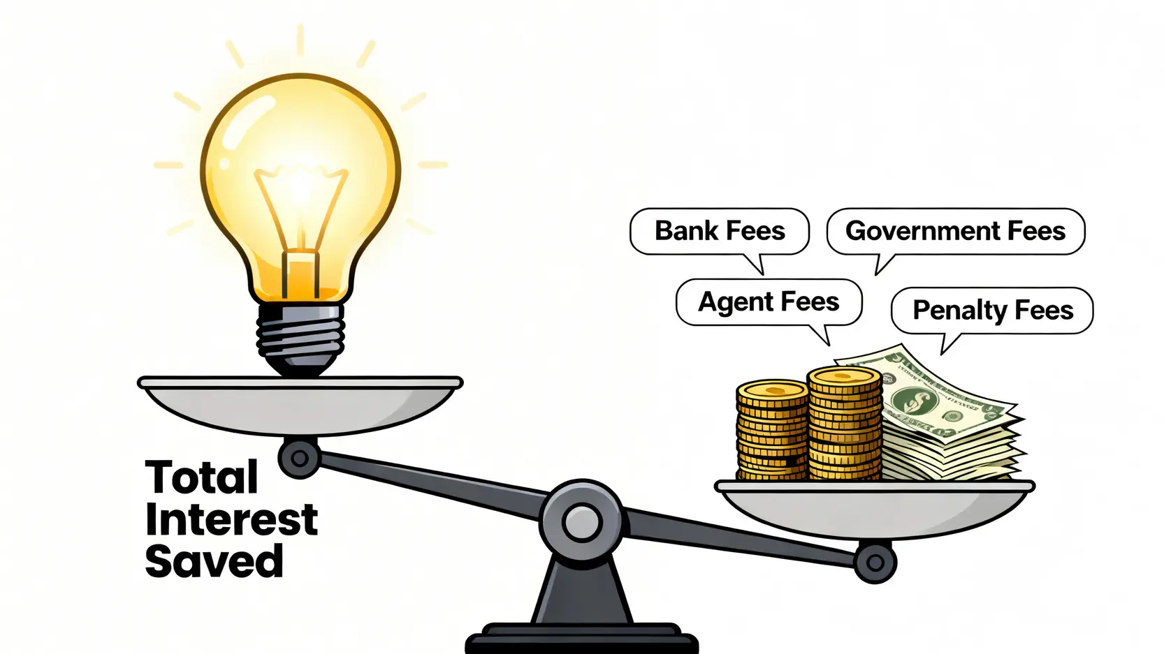 升息/降息對房貸影響?2026最新利率試算,一篇看懂轉貸降息划算嗎 一個平衡磅秤,一邊是轉貸節省的總利息,另一邊是轉貸產生的各項成本,用以說明轉貸是否划算。