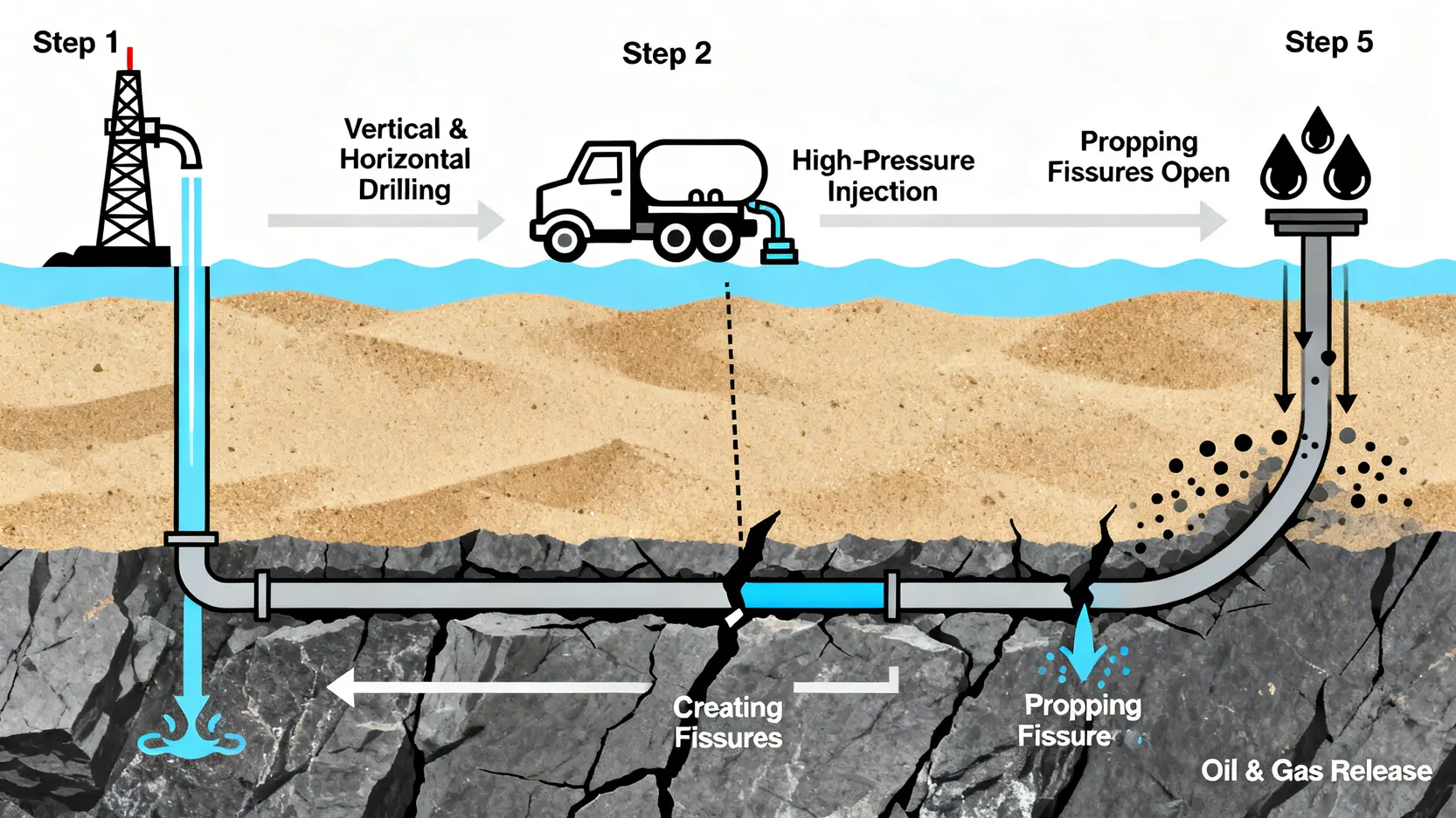美國頁岩油黃金時代已過?成本飆升、產量瓶頸與未來投資潛力深度解析 水力壓裂法開採頁岩油的五個步驟示意圖,從鑽井到油氣釋放的完整流程。