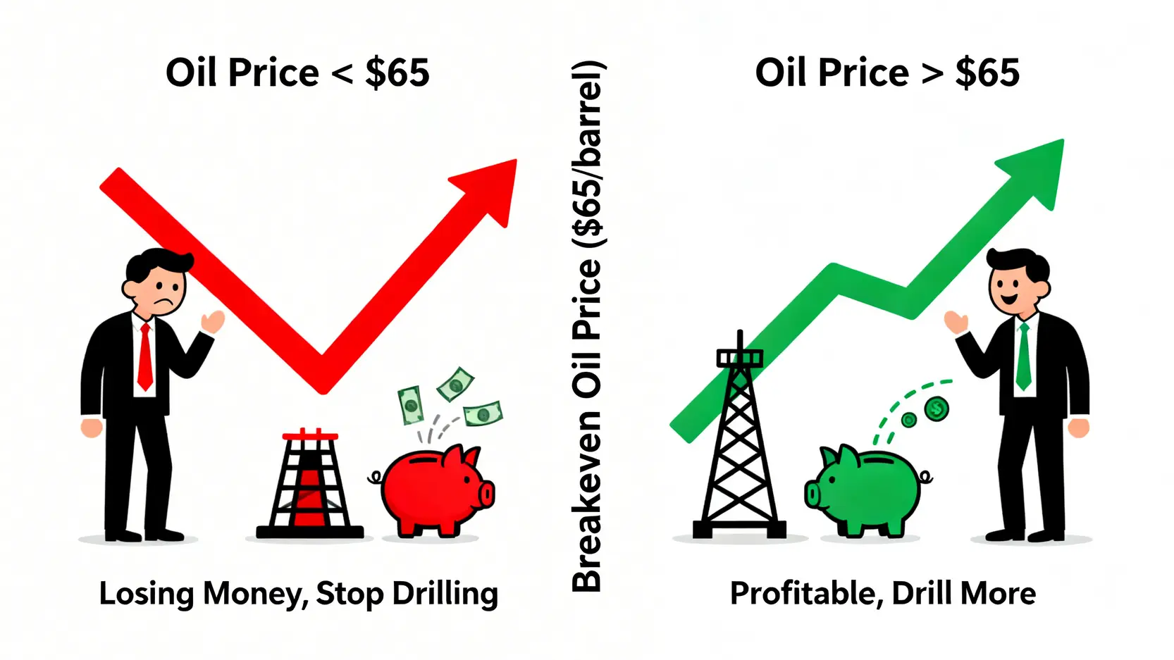 美國頁岩油黃金時代已過?成本飆升、產量瓶頸與未來投資潛力深度解析 頁岩油損益平衡點概念圖,對比油價高於和低於成本時公司的獲利狀況與鑽井決策。