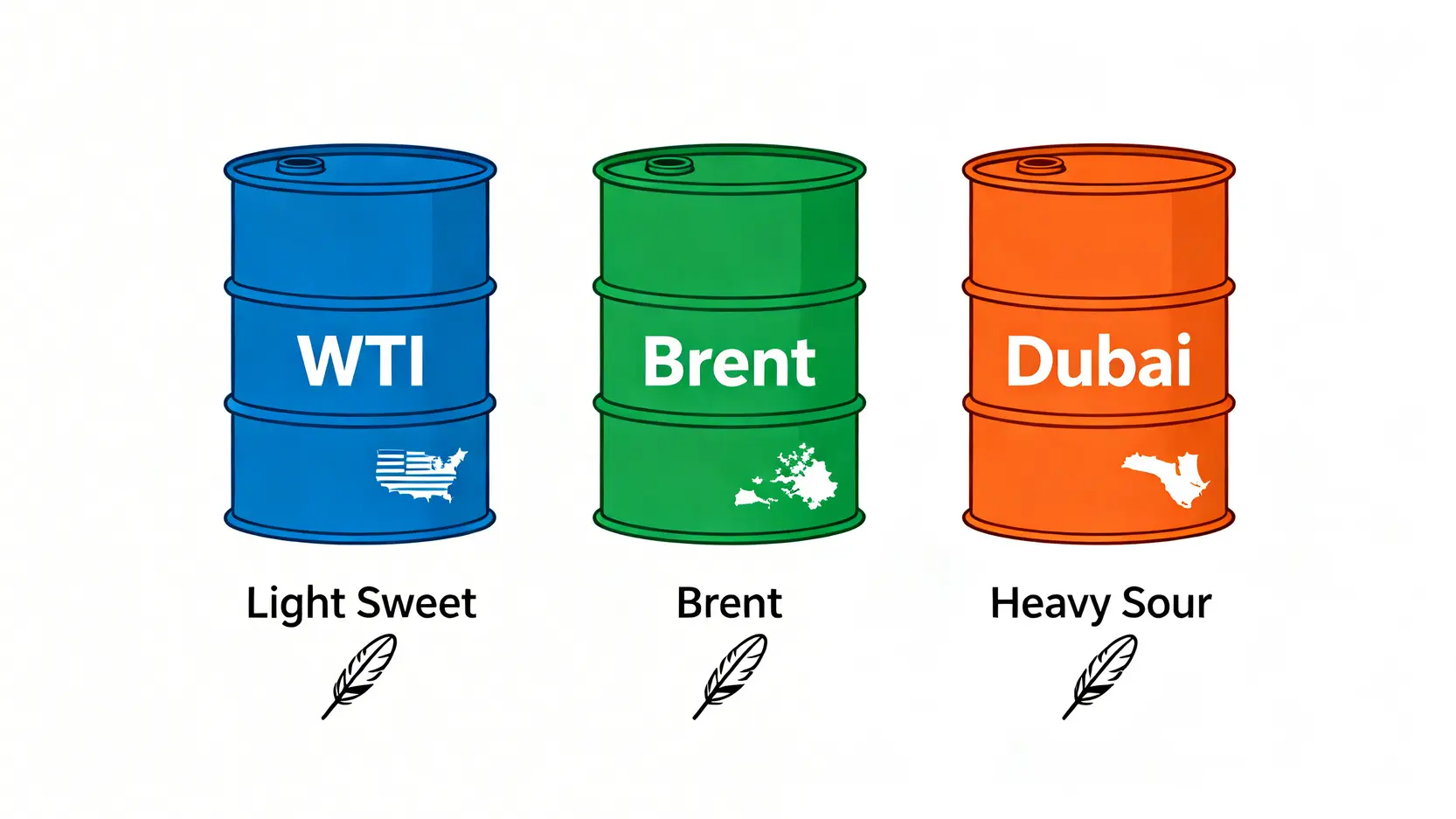 三大基準原油（WTI、布蘭特、杜拜）的產地與品質特性對比圖。