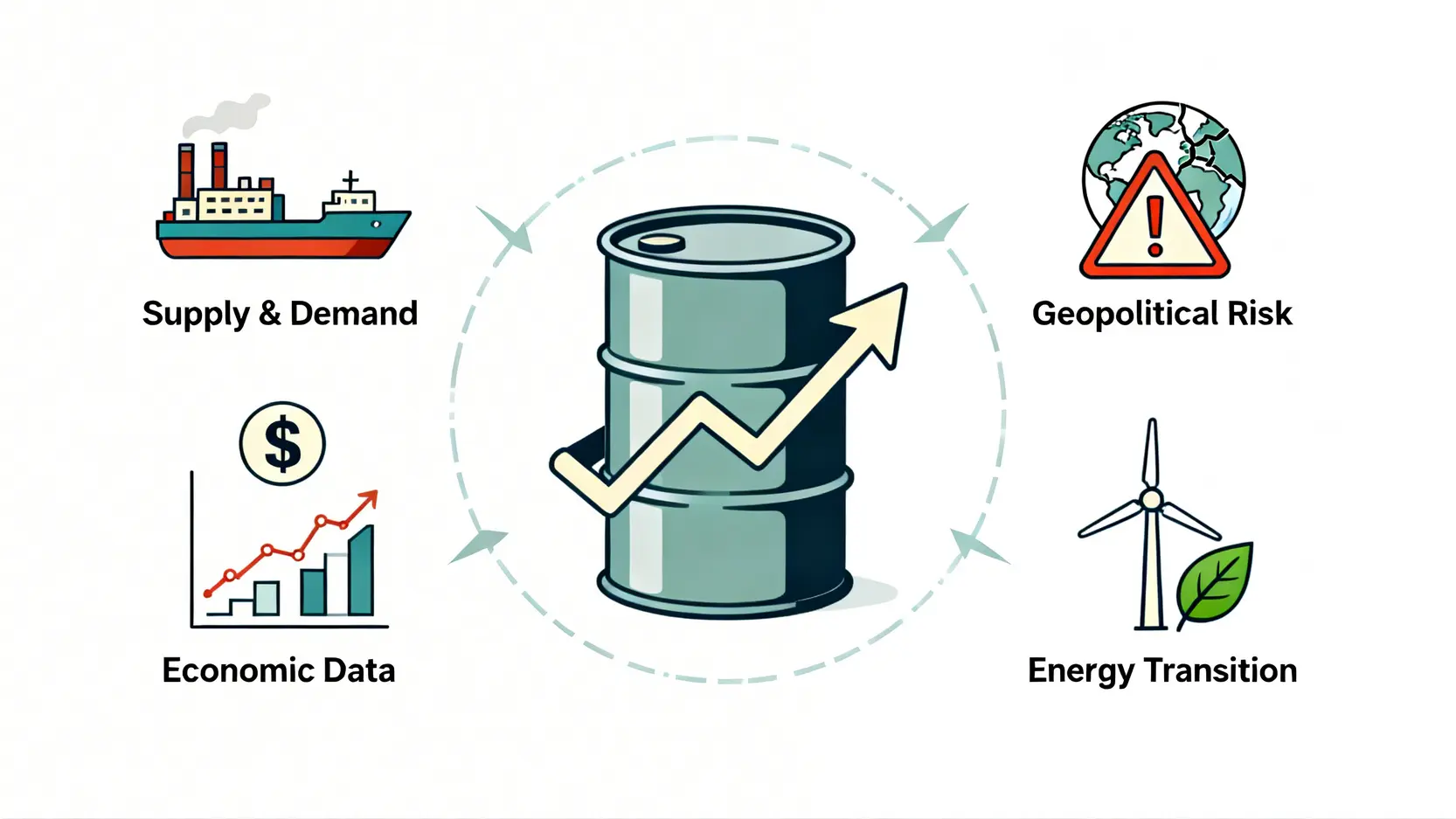 影響國際油價走勢的四大關鍵因素示意圖，包含供需關係、地緣政治、經濟數據和能源轉型。