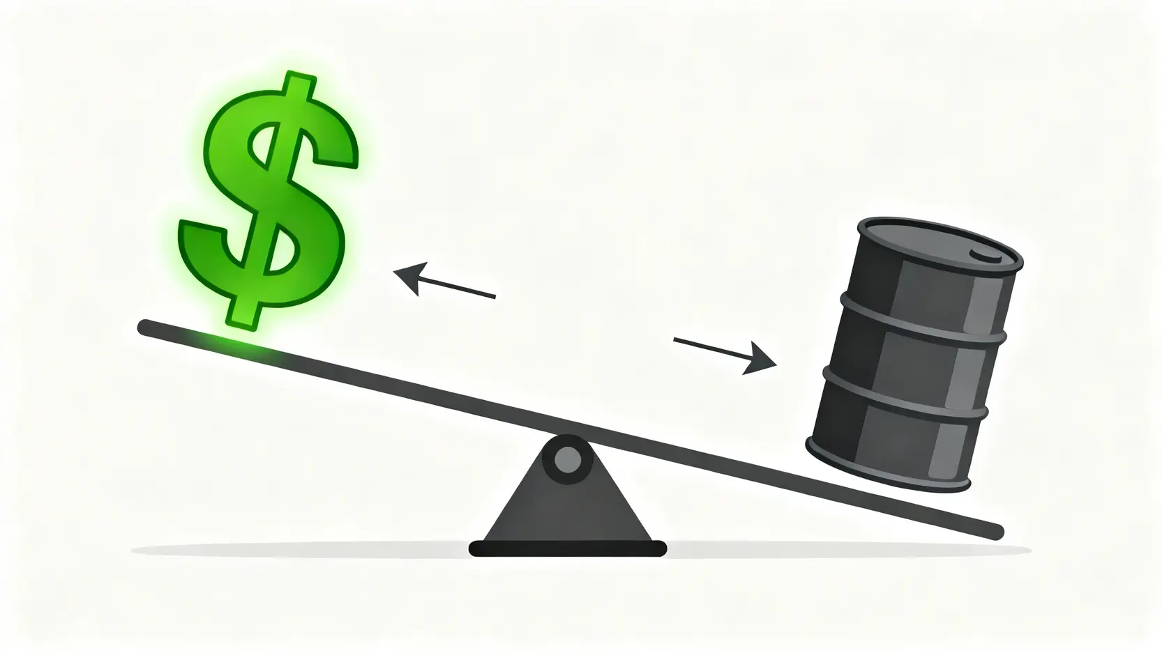 一個蹺蹺板圖解，顯示美元走強時，油價相對走弱的負相關關係。