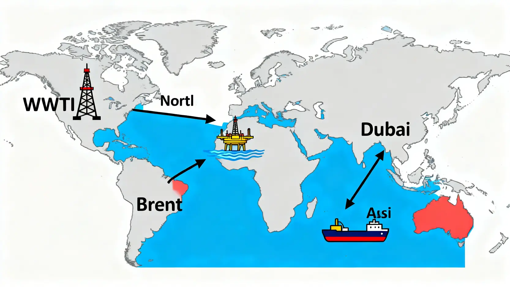 世界地圖顯示三大基準原油的產地與影響範圍：WTI在北美，布蘭特在北海影響歐非，杜拜在中東影響亞洲。