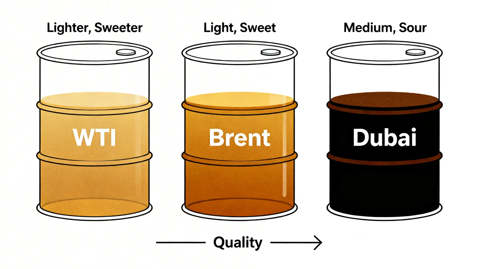 三種原油品質對比圖：WTI品質最好（輕質低硫），其次是布蘭特原油，杜拜原油品質最差（中質含硫）。