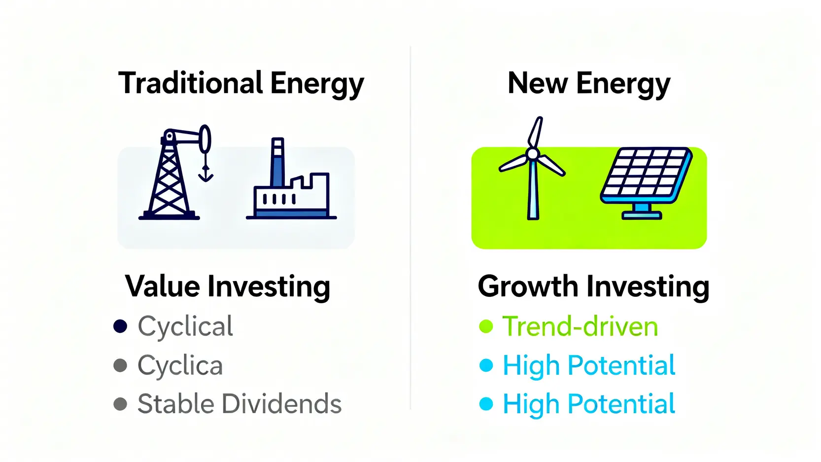 傳統能源股與新能源概念股的投資特性對比圖。